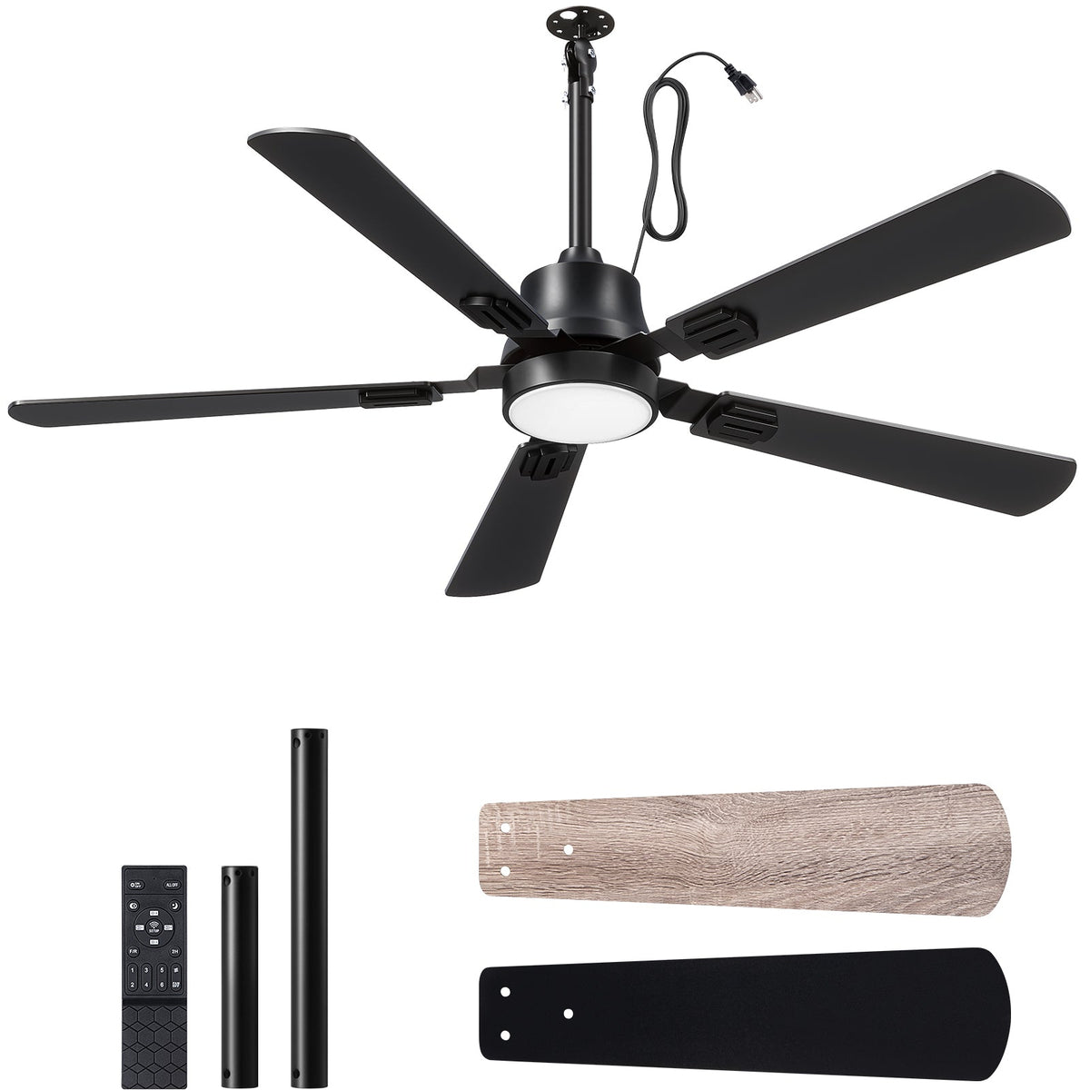 52" Outdoor Ceiling Fan with Light, IP66 Waterproof Gazebo Hanging Fan, Black