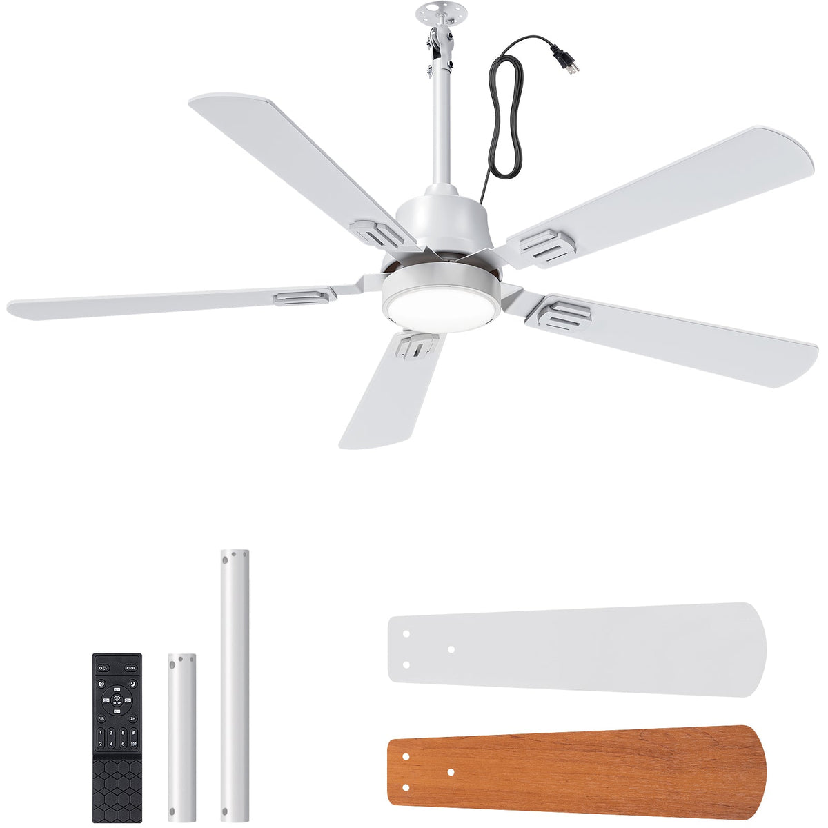 52" Outdoor Ceiling Fan with Light, IP66 Waterproof Gazebo Hanging Fan, White
