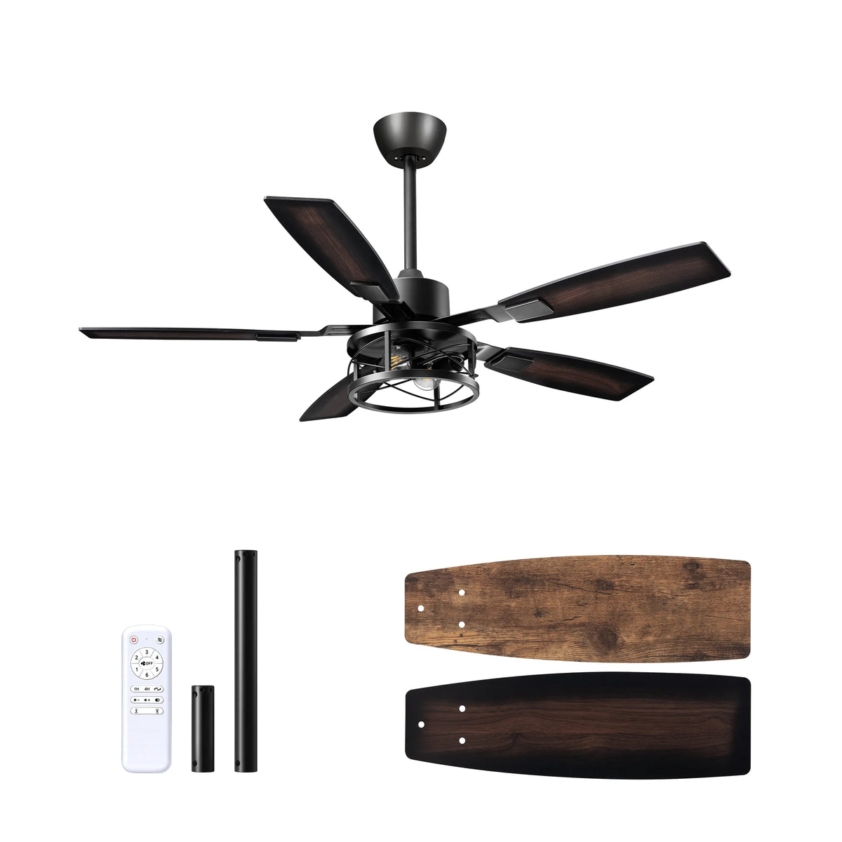 42" Farmhouse Ceiling Fans with Lights and Remote, 10%-100% Dimmable, Reversible DC Motor, 6 Speed, 5 Wooden Blades, Timer, Rustic Caged Fandelier Ceiling Fan for Living Room, Bedroom