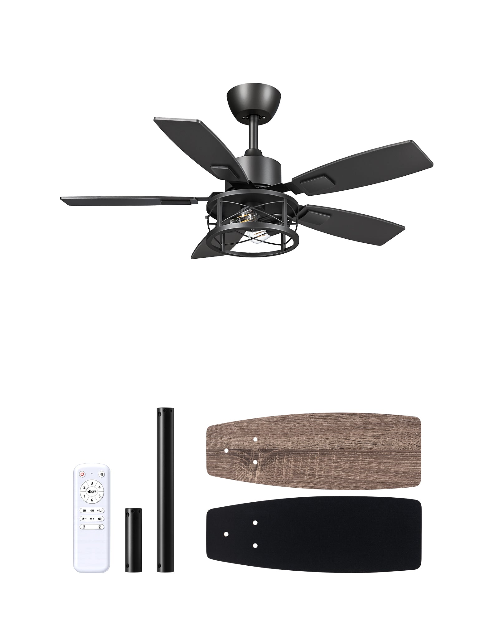 42" Farmhouse Ceiling Fans with Lights and Remote, 10%-100% Dimmable, 6 Speeds, 5 Wood Blades, Reversible DC Motor, Timer, Quiet, Rustic Caged Fandelier Ceiling Fan for Bedroom Living Room
