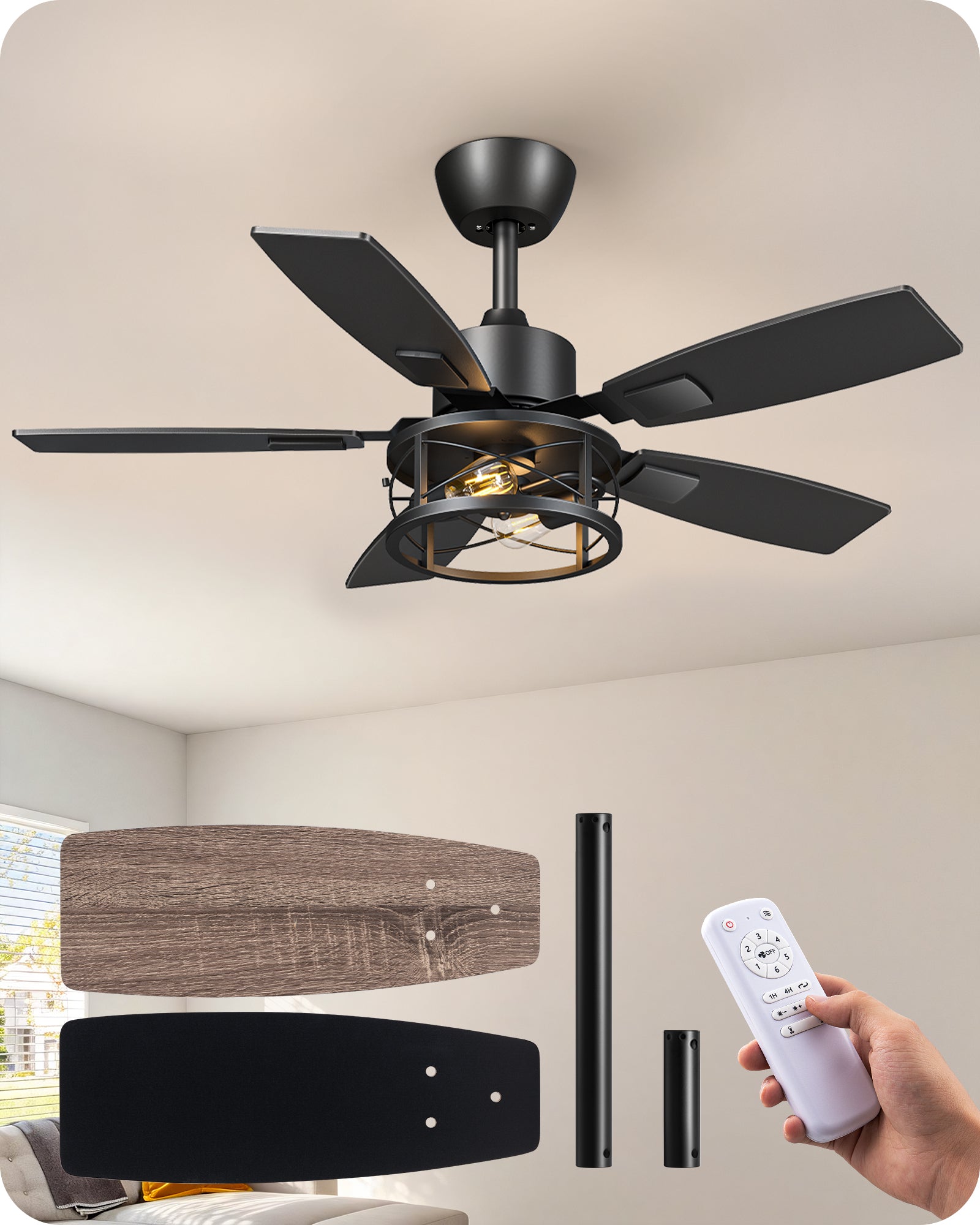 42" Farmhouse Ceiling Fans with Lights and Remote, 10%-100% Dimmable, 6 Speeds, 5 Wood Blades, Reversible DC Motor, Timer, Quiet, Rustic Caged Fandelier Ceiling Fan for Bedroom Living Room