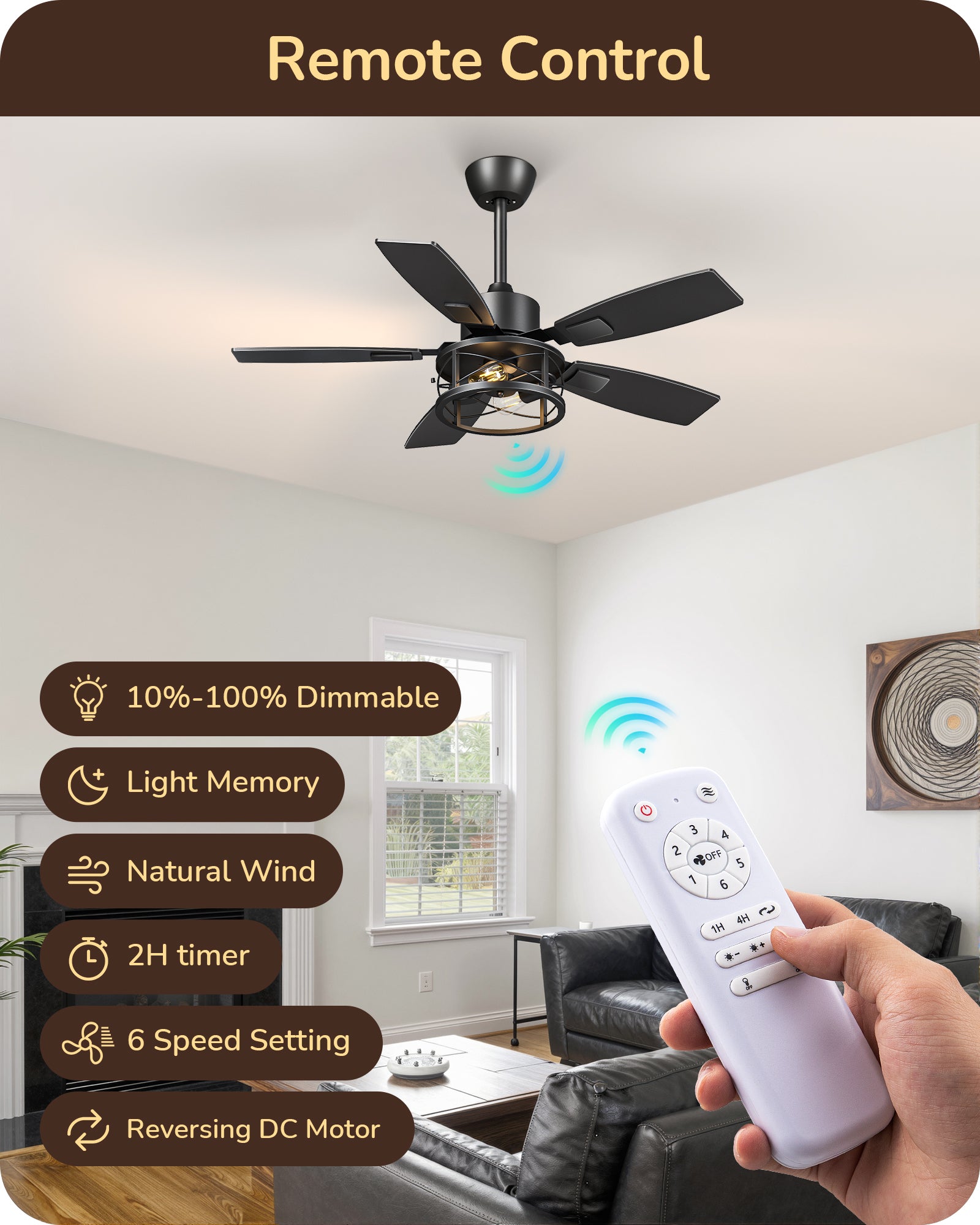42" Farmhouse Ceiling Fans with Lights and Remote, 10%-100% Dimmable, 6 Speeds, 5 Wood Blades, Reversible DC Motor, Timer, Quiet, Rustic Caged Fandelier Ceiling Fan for Bedroom Living Room