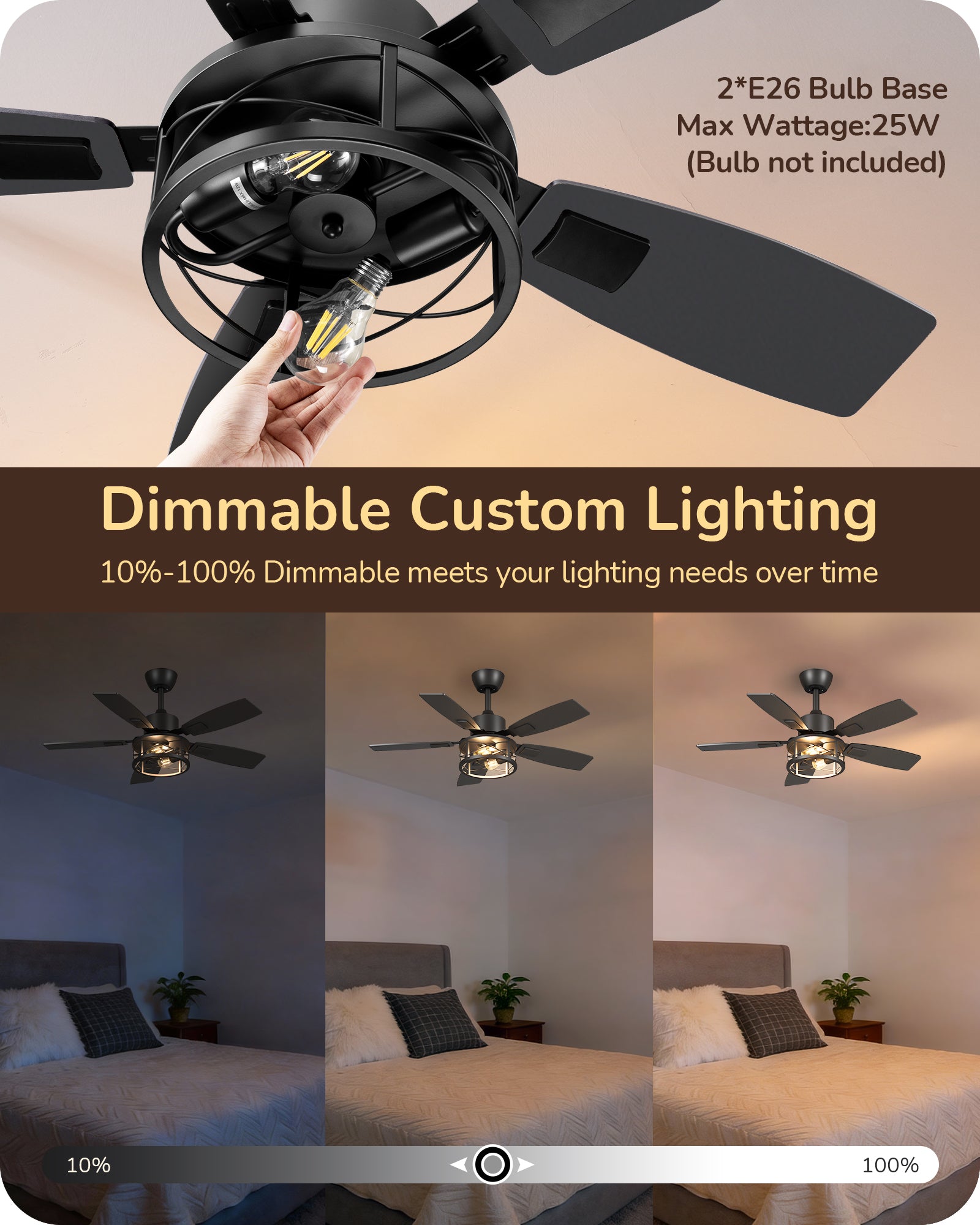 42" Farmhouse Ceiling Fans with Lights and Remote, 10%-100% Dimmable, 6 Speeds, 5 Wood Blades, Reversible DC Motor, Timer, Quiet, Rustic Caged Fandelier Ceiling Fan for Bedroom Living Room