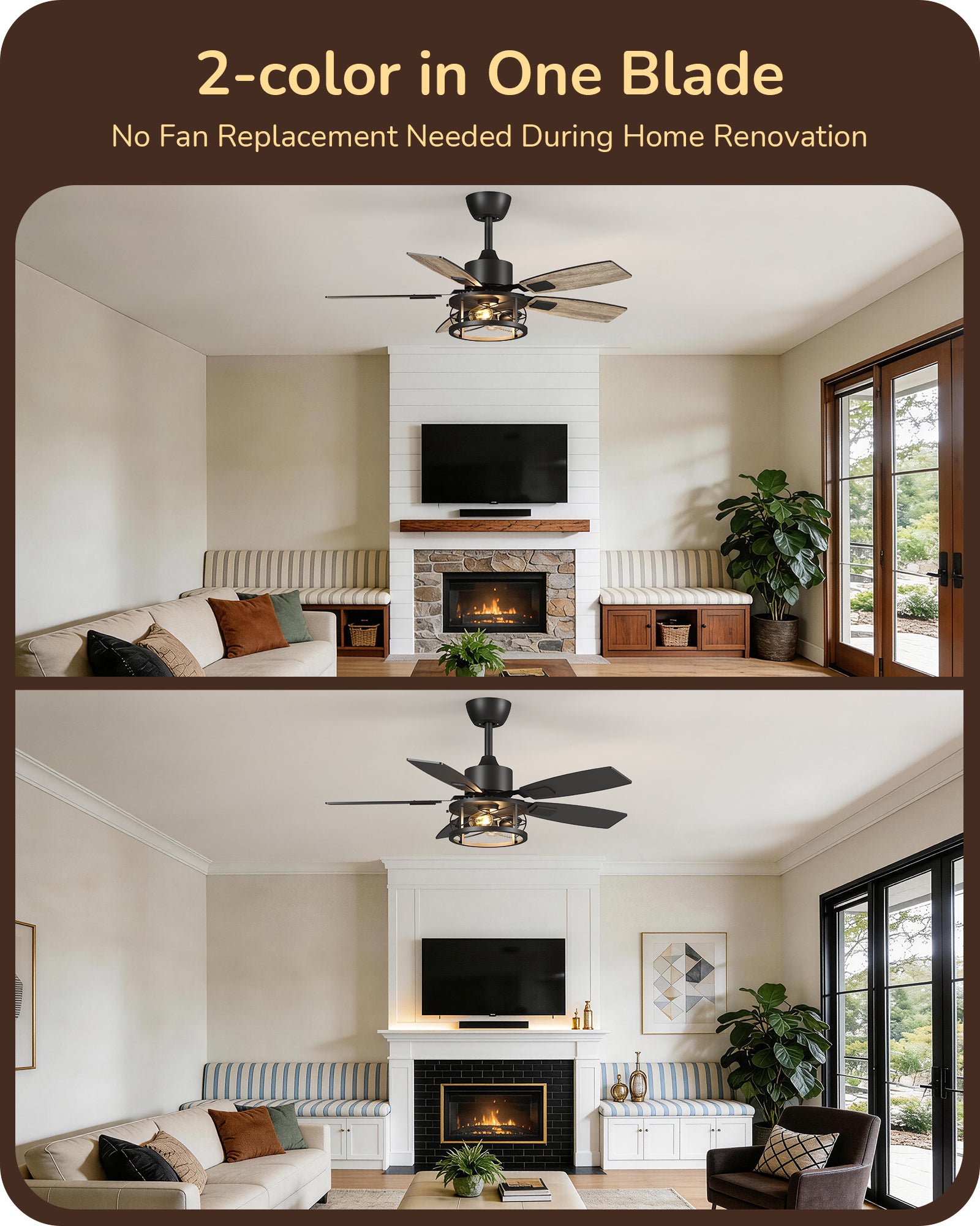 42" Farmhouse Ceiling Fans with Lights and Remote, 10%-100% Dimmable, 6 Speeds, 5 Wood Blades, Reversible DC Motor, Timer, Quiet, Rustic Caged Fandelier Ceiling Fan for Bedroom Living Room