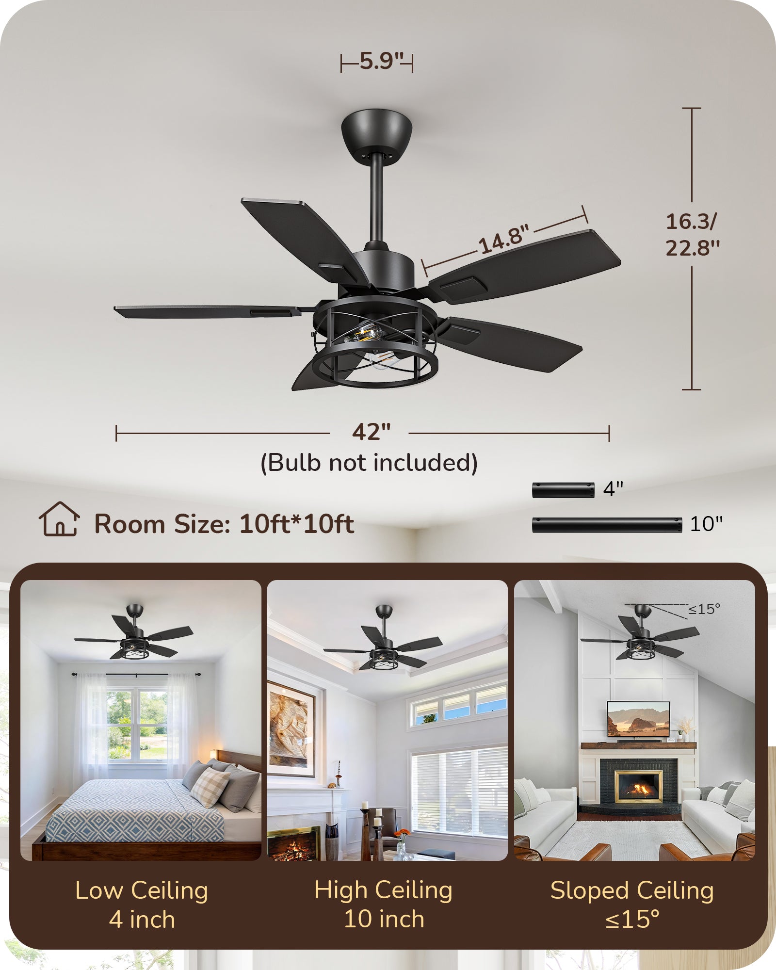 42" Farmhouse Ceiling Fans with Lights and Remote, 10%-100% Dimmable, 6 Speeds, 5 Wood Blades, Reversible DC Motor, Timer, Quiet, Rustic Caged Fandelier Ceiling Fan for Bedroom Living Room