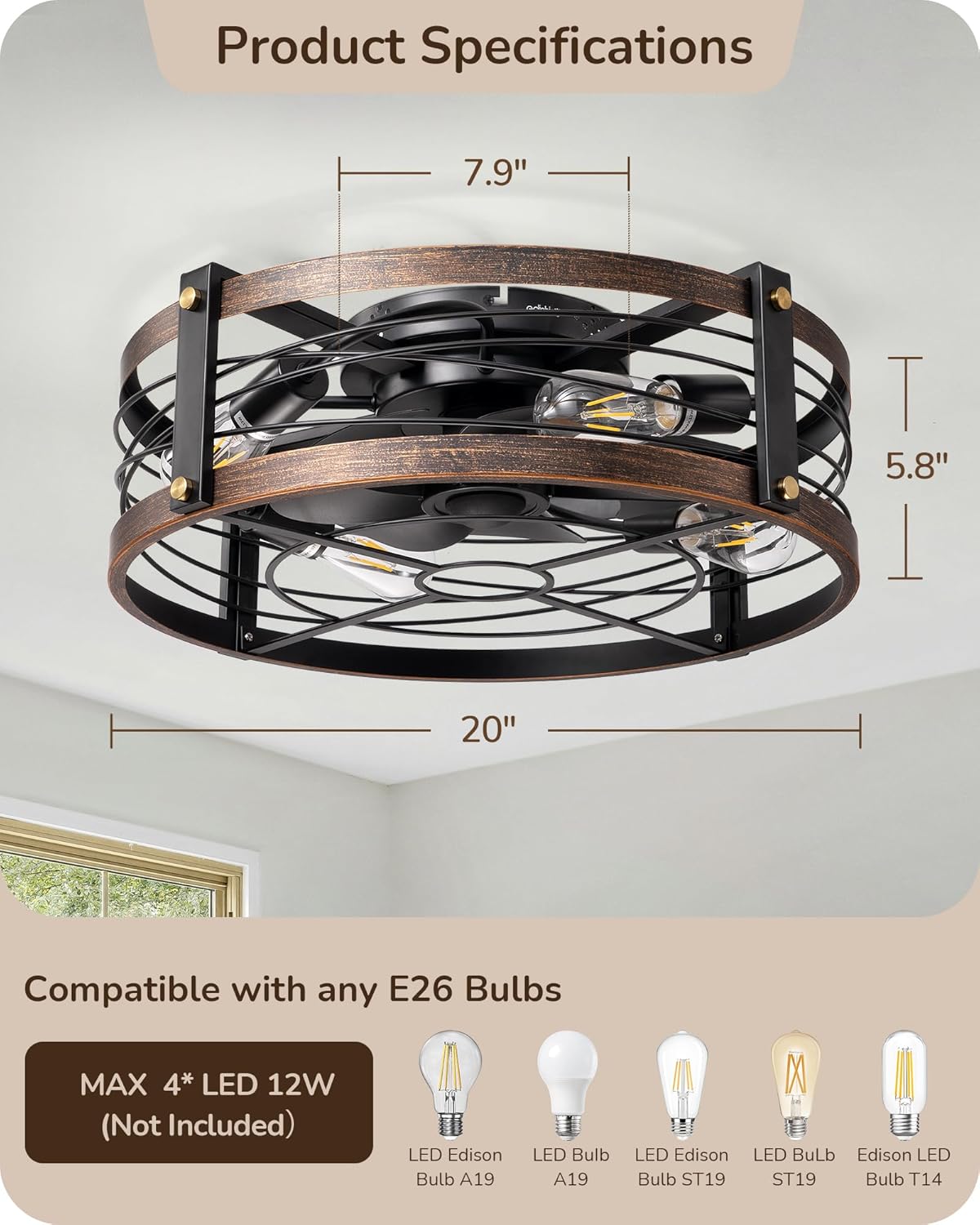 21" Pre-Assembled Ceiling Fans with Lights - Flush Mount (Brushed Gold)