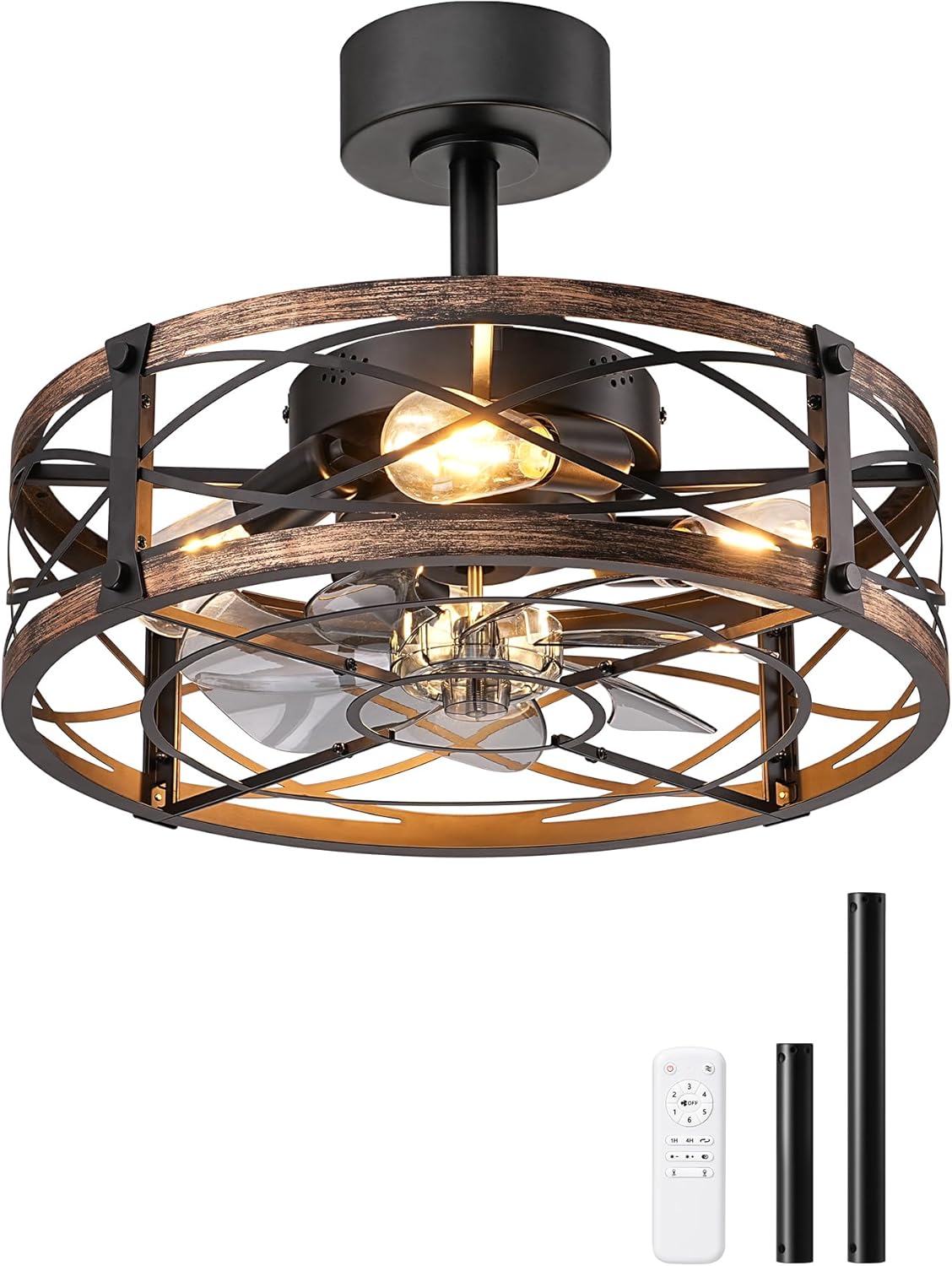 20" Caged Ceiling Fans with Lights and Remote (Brushed Gold)