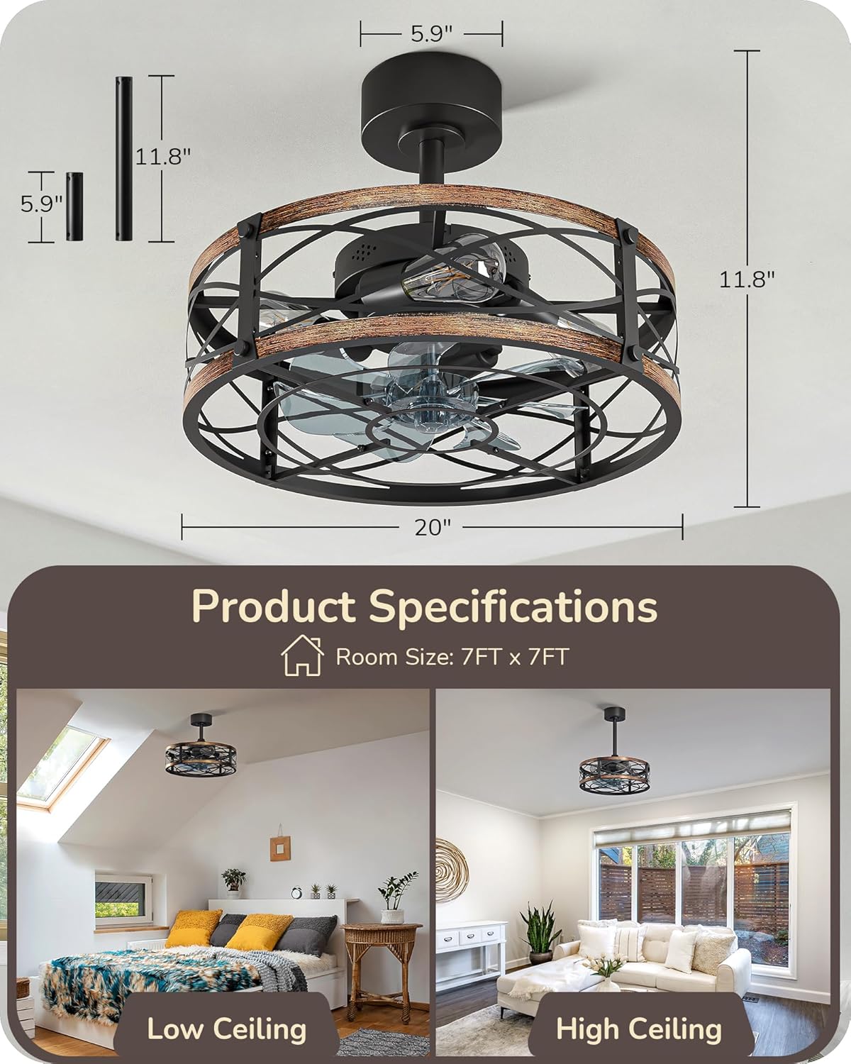 20" Caged Ceiling Fans with Lights and Remote (Brushed Gold)