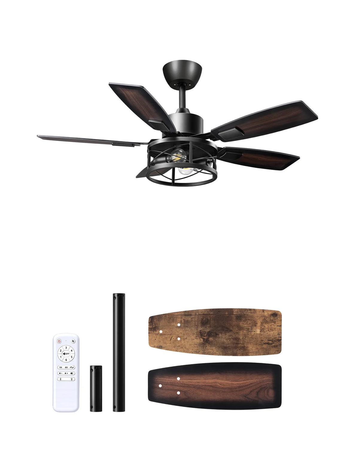 42" Farmhouse Ceiling Fans with Lights and Remote, 10%-100% Dimmable, Reversible DC Motor, 6 Speed, 5 Wooden Blades, Timer, Rustic Caged Fandelier Ceiling Fan for Living Room, Bedroom