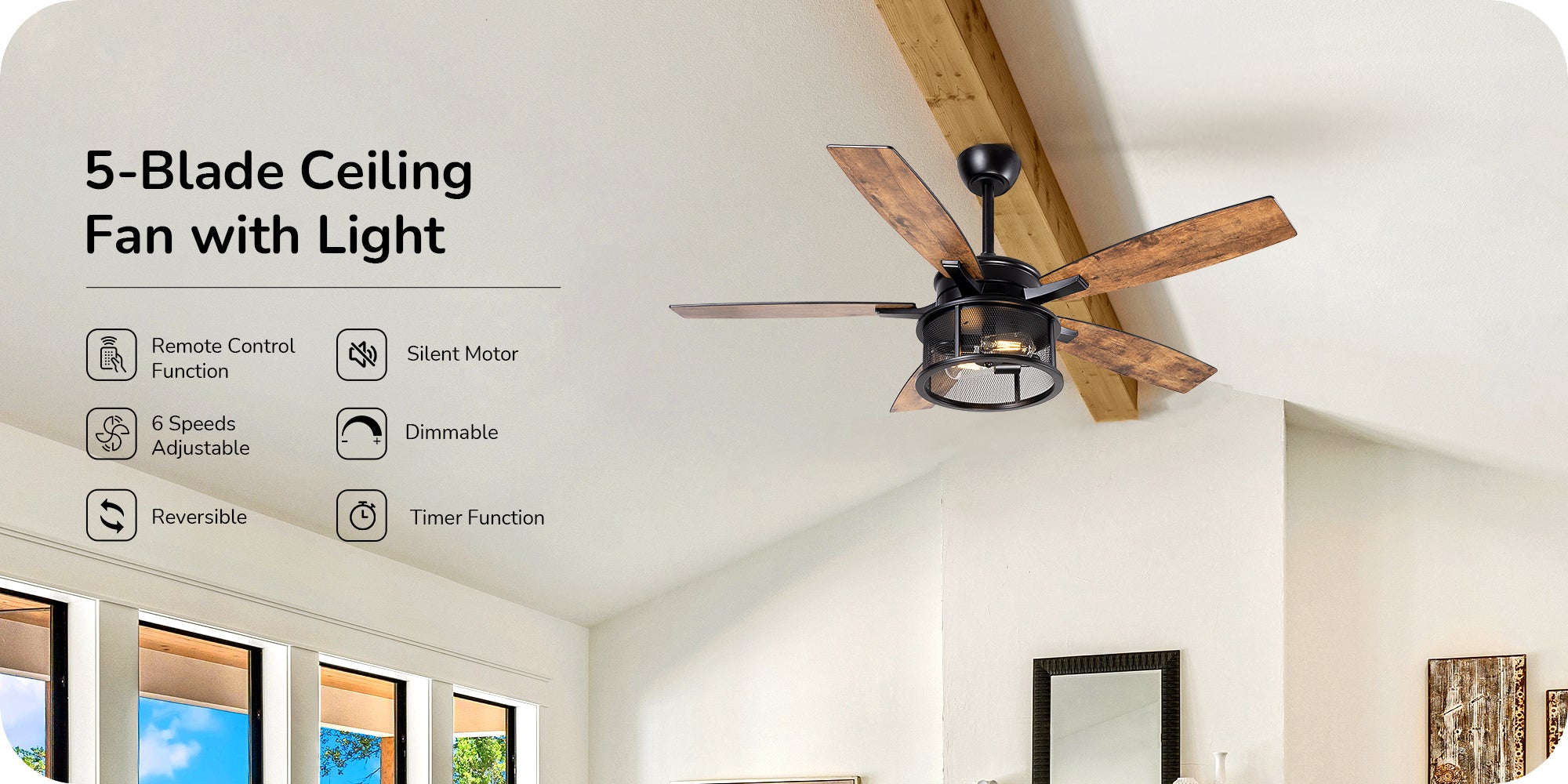 EDISHINE 52" Farmhouse Ceiling Fans with Lights and Remote, 10%-100% Dimmable, 5 Wooden Blades Lighting & Ceiling Fans with Timer, 6 Speeds Reversible DC Motor for Living Room Bedroom Patio Porch  - HCFR01B