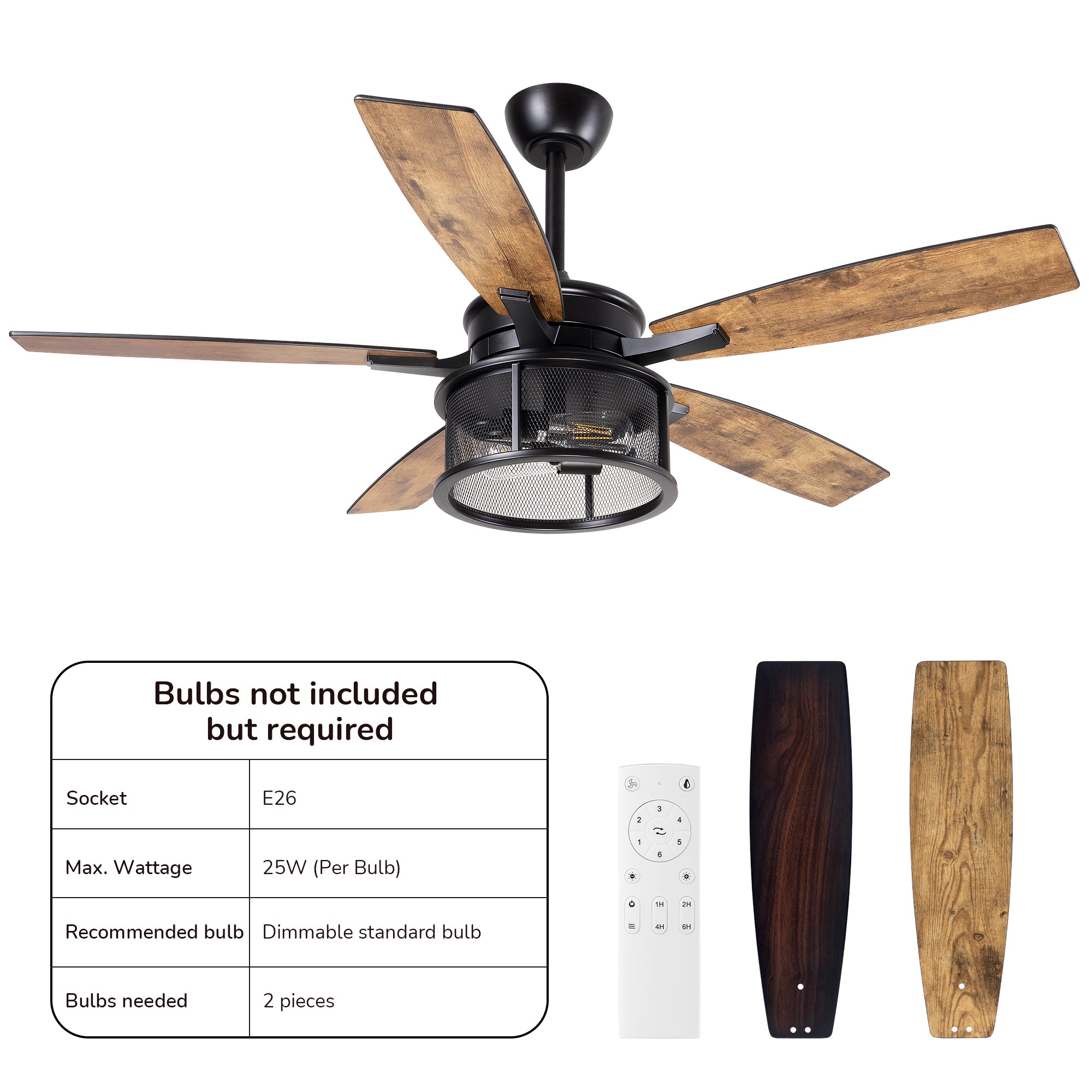 EDISHINE 52" Farmhouse Ceiling Fans with Lights and Remote, 10%-100% Dimmable, 5 Wooden Blades Lighting & Ceiling Fans with Timer, 6 Speeds Reversible DC Motor for Living Room Bedroom Patio Porch  - HCFR01B