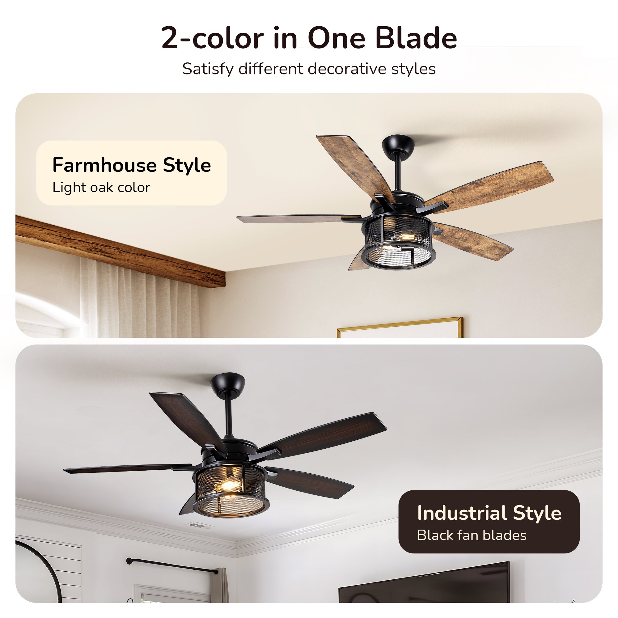 EDISHINE 52" Farmhouse Ceiling Fans with Lights and Remote, 10%-100% Dimmable, 5 Wooden Blades Lighting & Ceiling Fans with Timer, 6 Speeds Reversible DC Motor for Living Room Bedroom Patio Porch  - HCFR01B