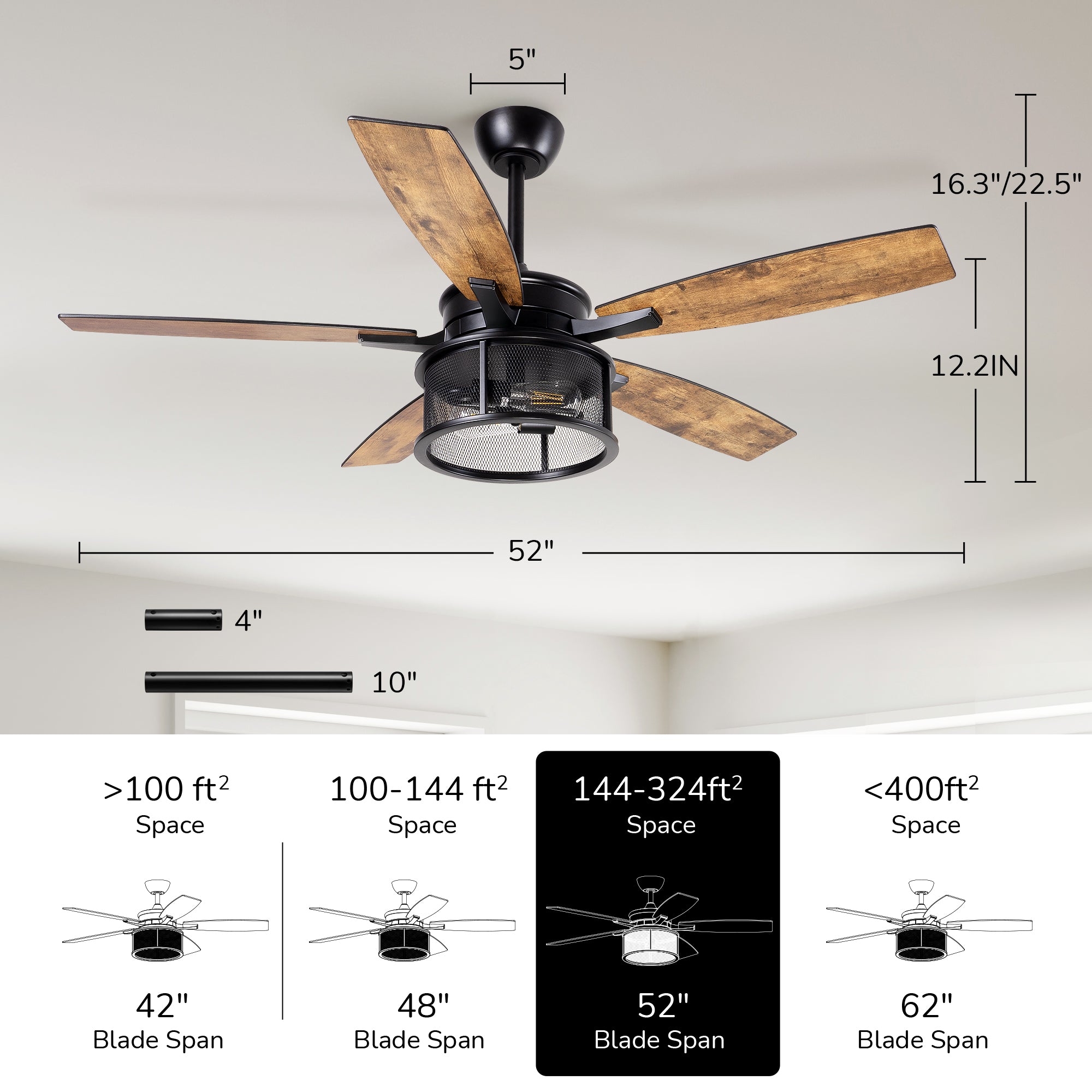 EDISHINE 52" Farmhouse Ceiling Fans with Lights and Remote, 10%-100% Dimmable, 5 Wooden Blades Lighting & Ceiling Fans with Timer, 6 Speeds Reversible DC Motor for Living Room Bedroom Patio Porch  - HCFR01B