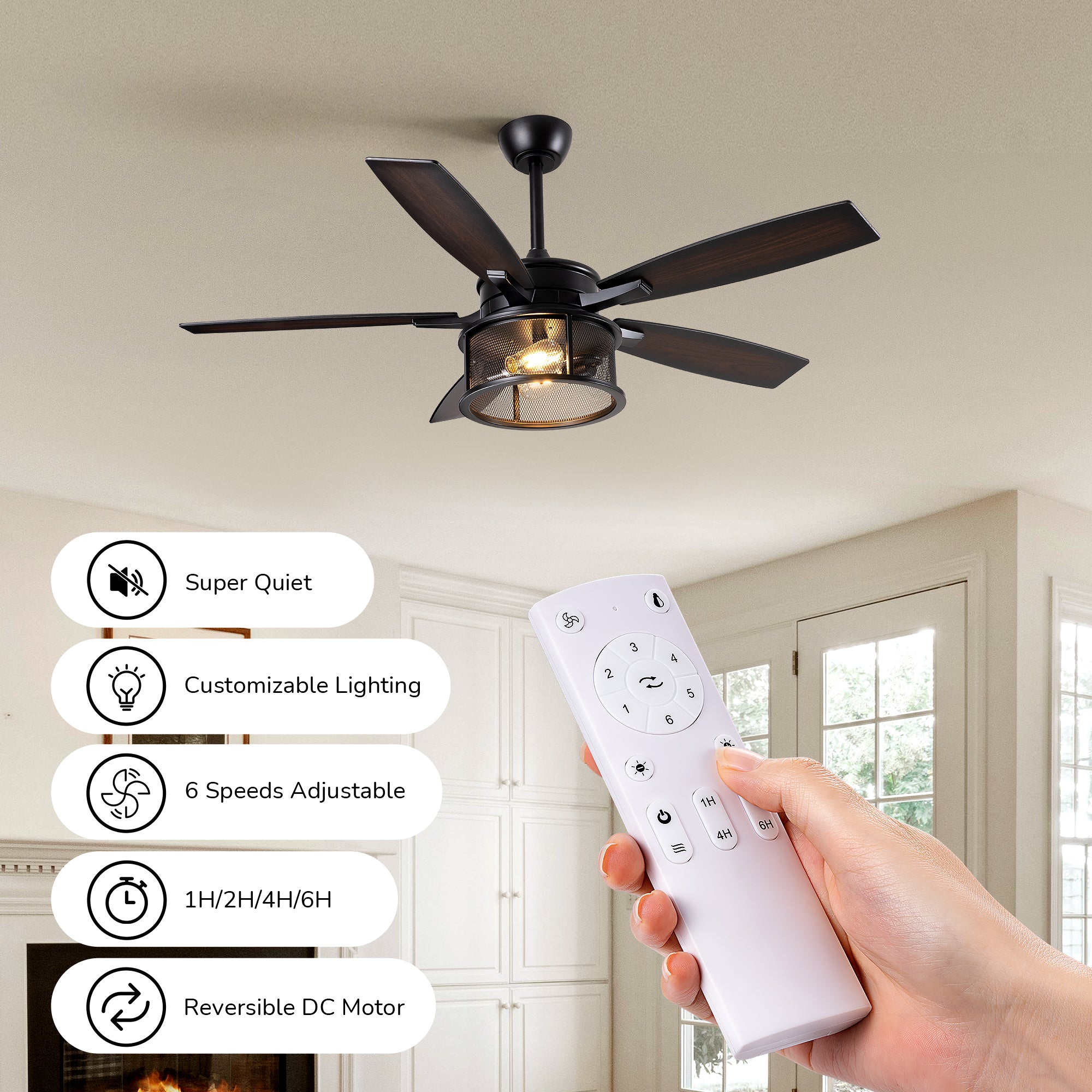 EDISHINE 52" Farmhouse Ceiling Fans with Lights and Remote, 10%-100% Dimmable, 5 Wooden Blades Lighting & Ceiling Fans with Timer, 6 Speeds Reversible DC Motor for Living Room Bedroom Patio Porch  - HCFR01B