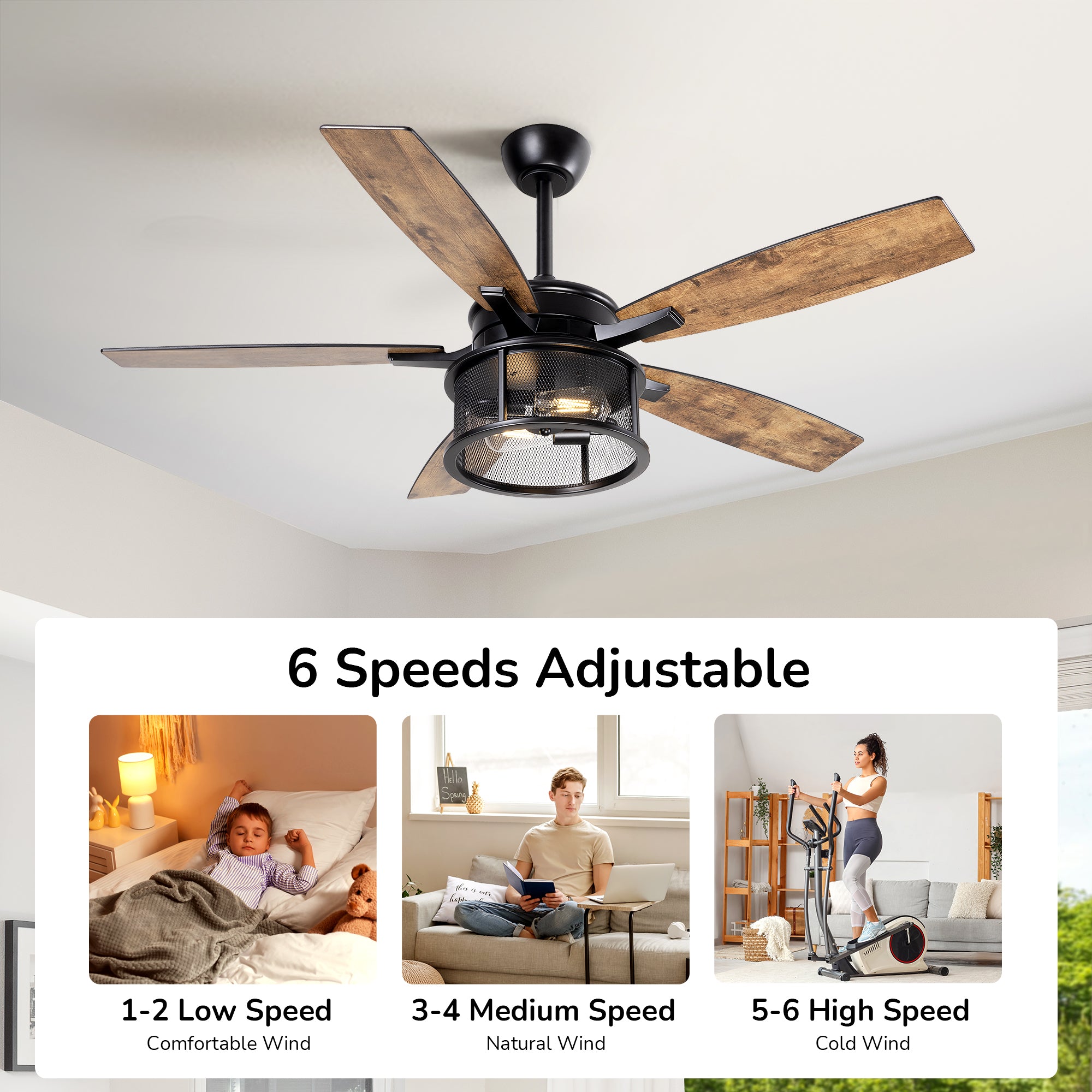 EDISHINE 52" Farmhouse Ceiling Fans with Lights and Remote, 10%-100% Dimmable, 5 Wooden Blades Lighting & Ceiling Fans with Timer, 6 Speeds Reversible DC Motor for Living Room Bedroom Patio Porch  - HCFR01B