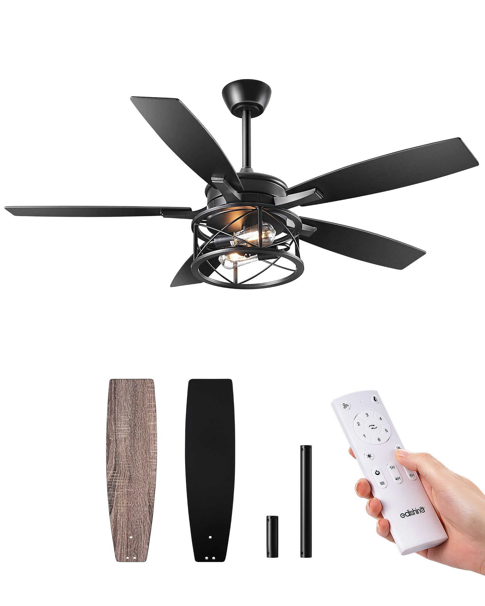 EDISHINE 52" Black Farmhouse Ceiling Fans With Lights and Remote -HCFR01E
