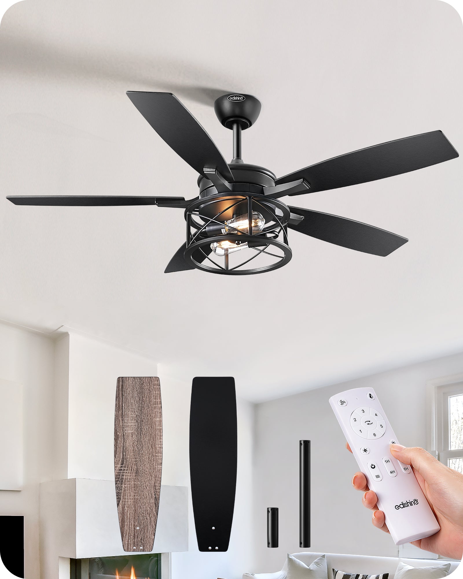 EDISHINE 52" Black Farmhouse Ceiling Fans With Lights and Remote -HCFR01E