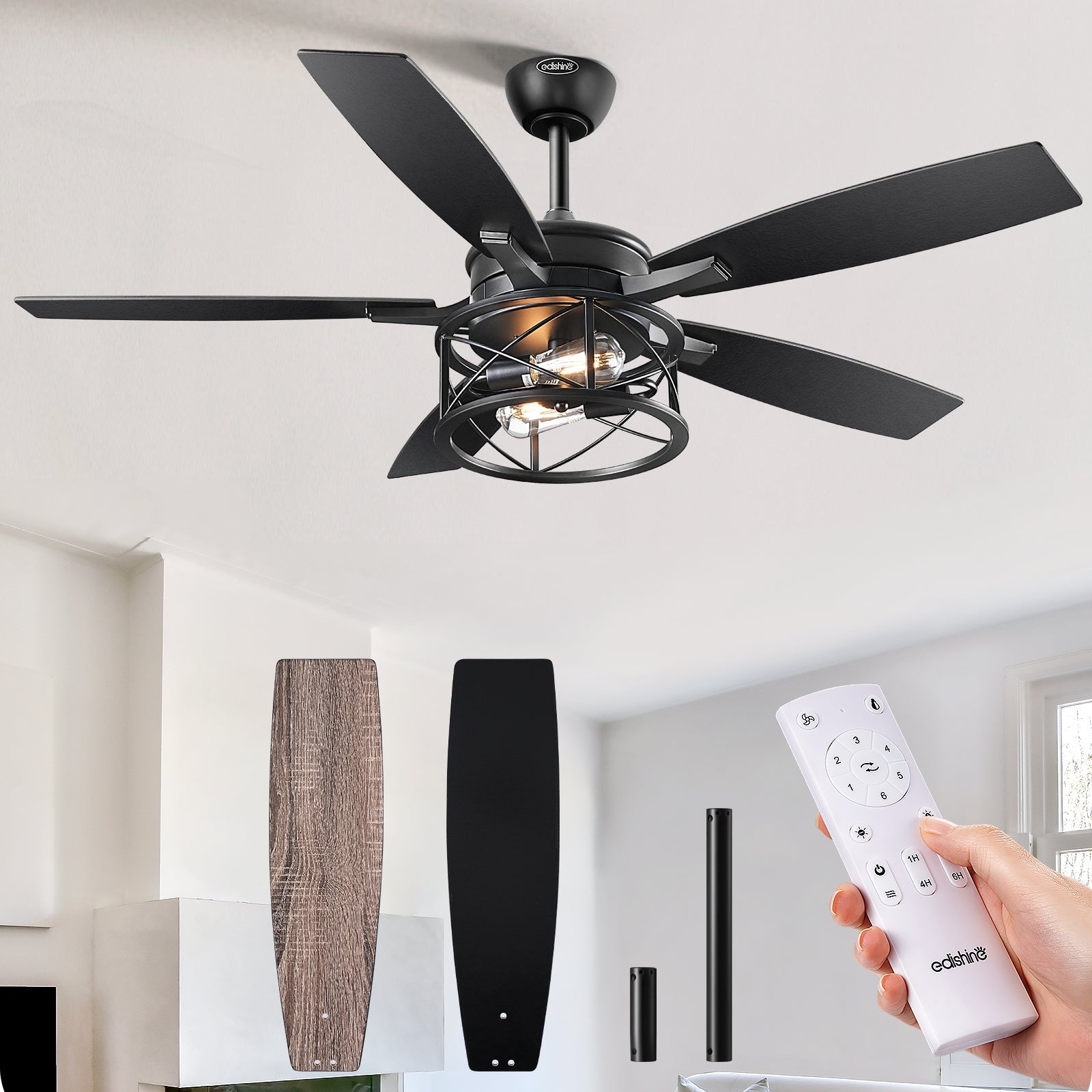 EDISHINE 52" Black Farmhouse Ceiling Fans With Lights and Remote - HCFR01E
