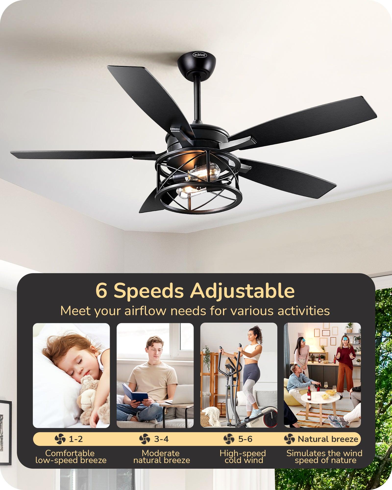EDISHINE 52" Black Farmhouse Ceiling Fans With Lights and Remote -HCFR01E