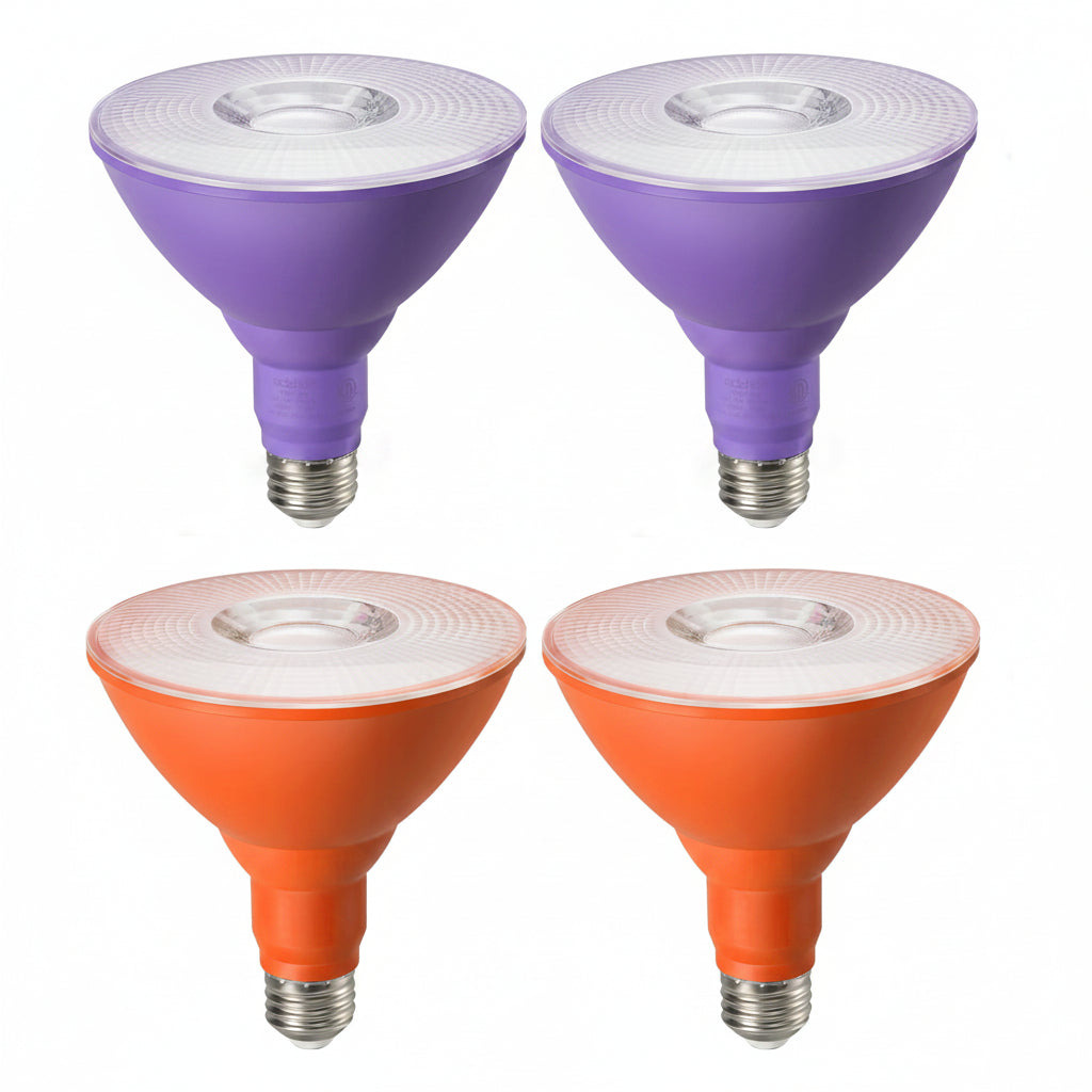 EDISHINE 4 Pack Halloween PAR38 Purple & Orange LED Flood Light Bulbs Outdoor, Dimmable, Purple Orange LED Light Bulb, 18W(120W Equivalent), Light Bulb for Halloween Decorations, E26 Base, ETL Listed - HDCP38H