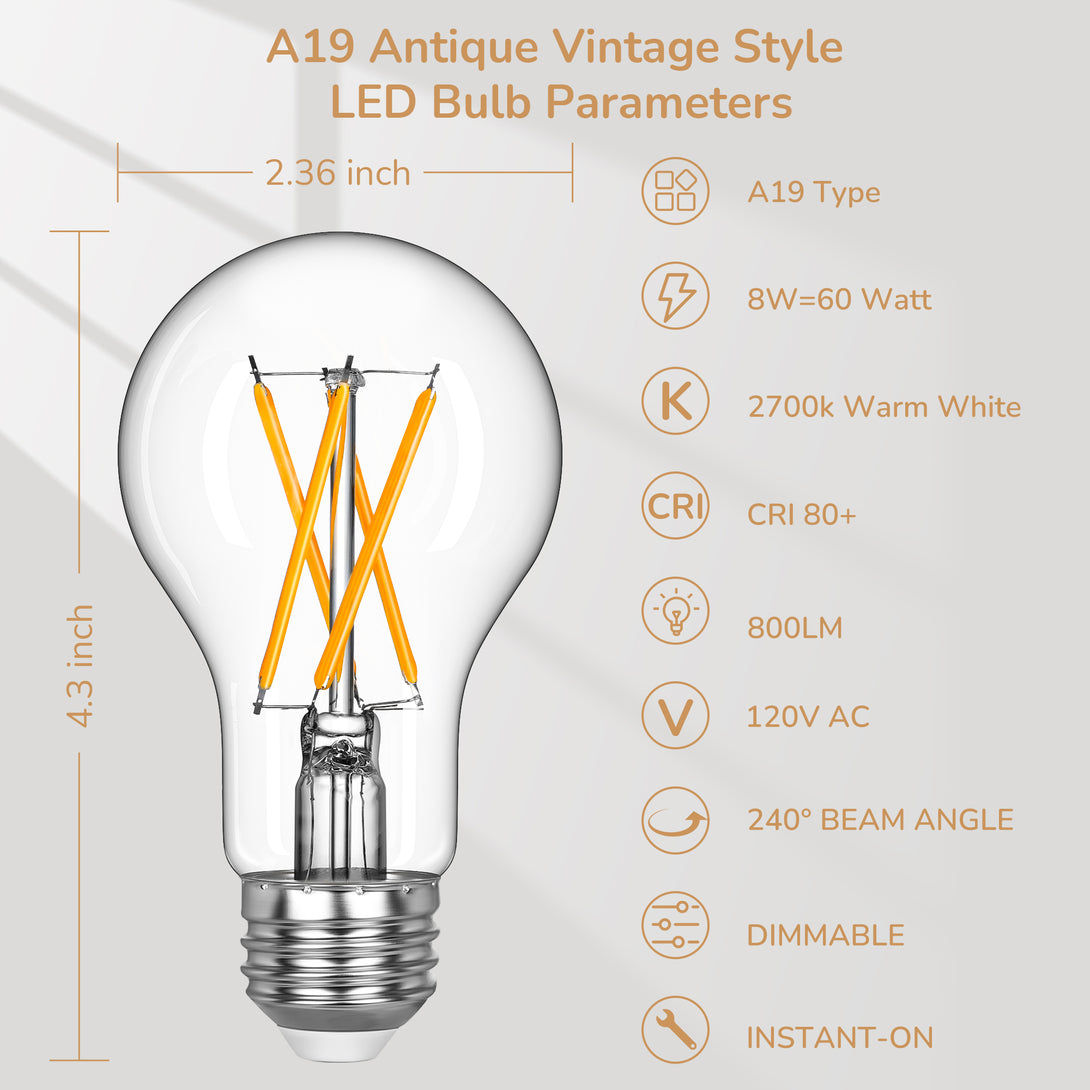 EDISHINE 6 Pack Vintage A19 Dimmable LED Edison Bulbs, 2700K & 4000K - HDFA19A-HDFA19B