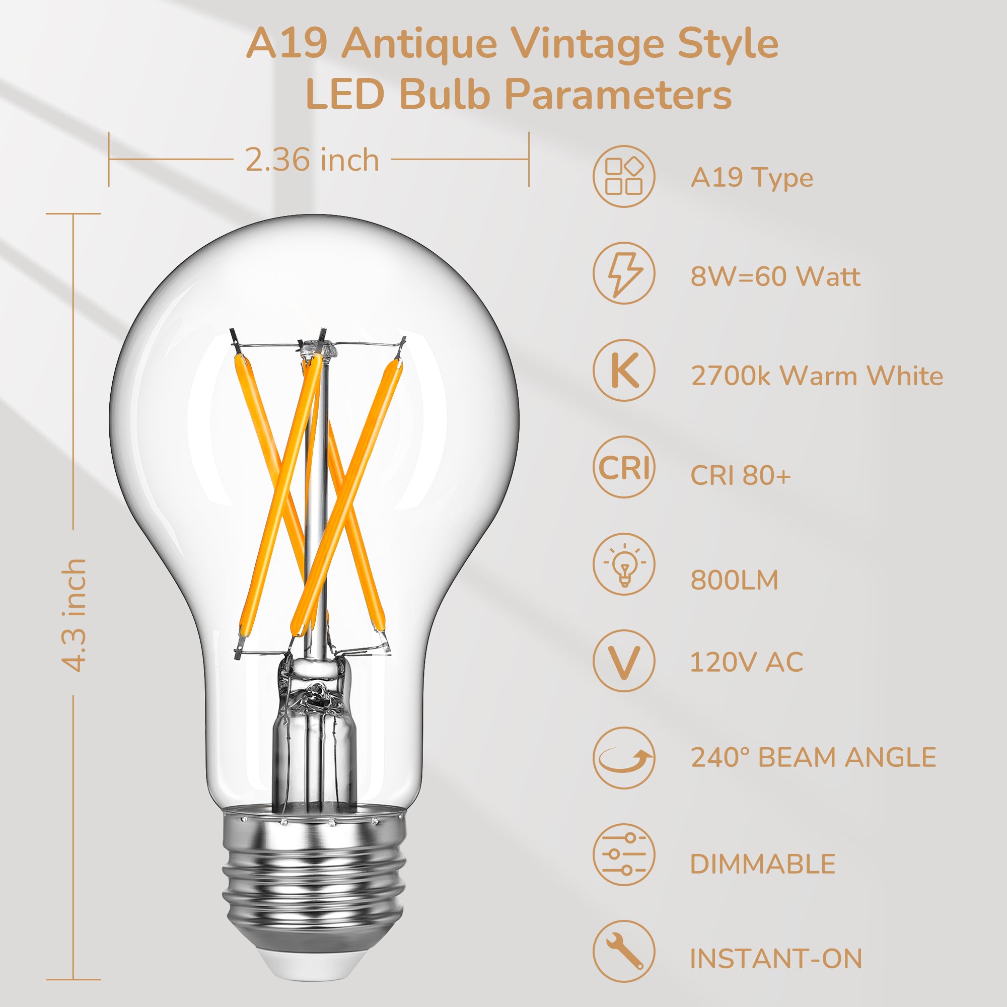EDISHINE 6 Pack Vintage A19 Dimmable LED Edison Bulbs, 2700K & 4000K - HDFA19A - HDFA19B