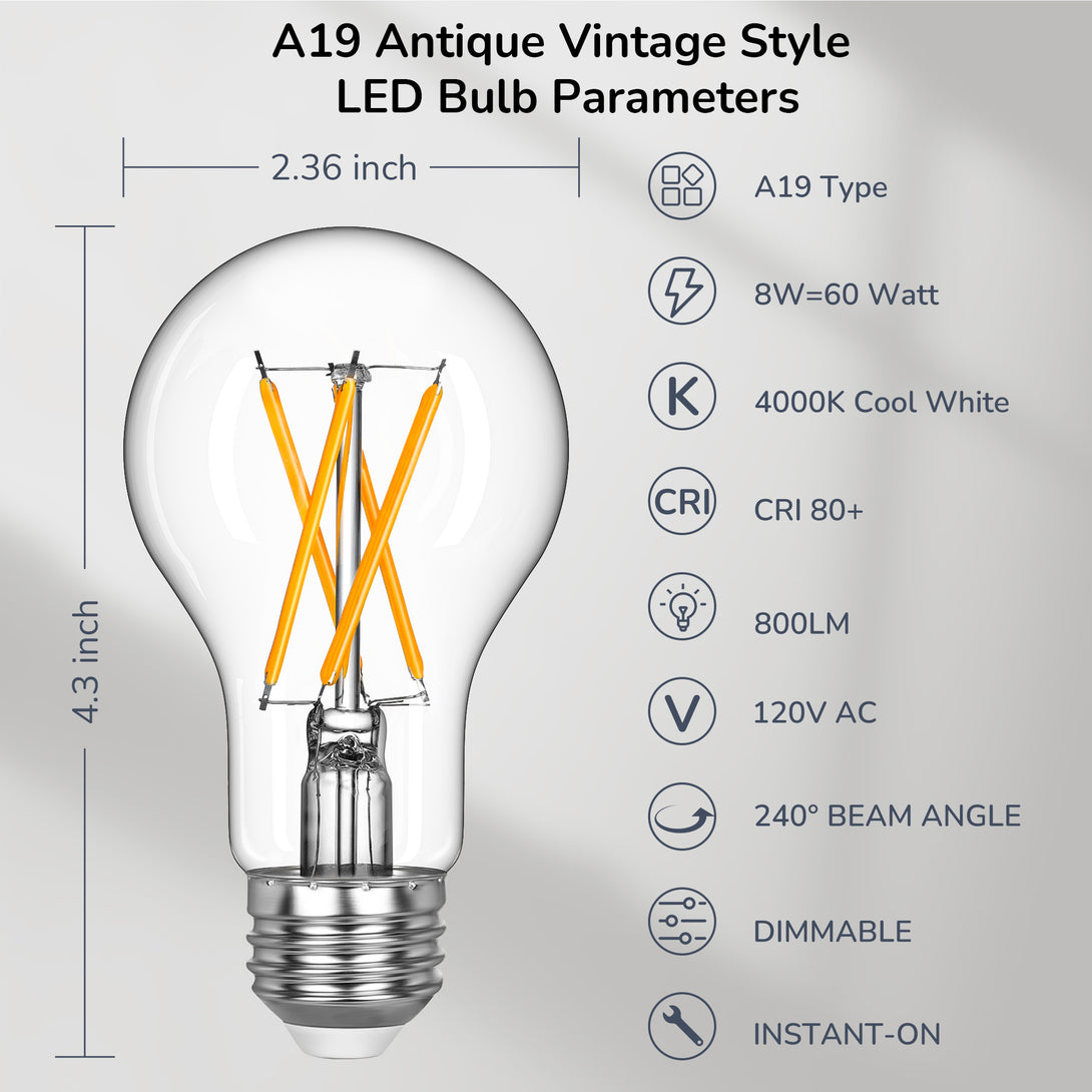 EDISHINE 6 Pack Vintage A19 Dimmable LED Edison Bulbs, 2700K & 4000K - HDFA19A-HDFA19B