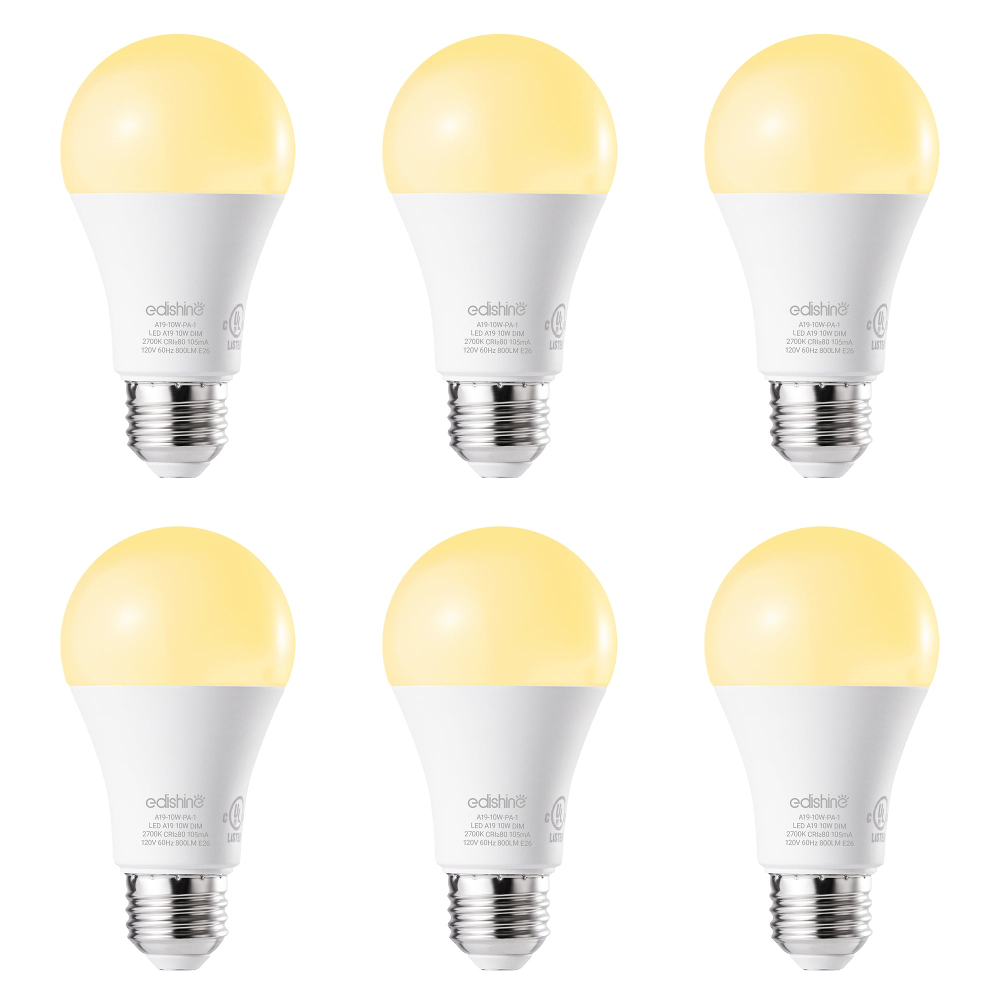 EDISHINE 6-Pack Dimmable LED Light Bulbs 60 Watt Equivalent 2700K Warm White 800 Lumen A19 LED Bulbs E26 Base - HDLA19M