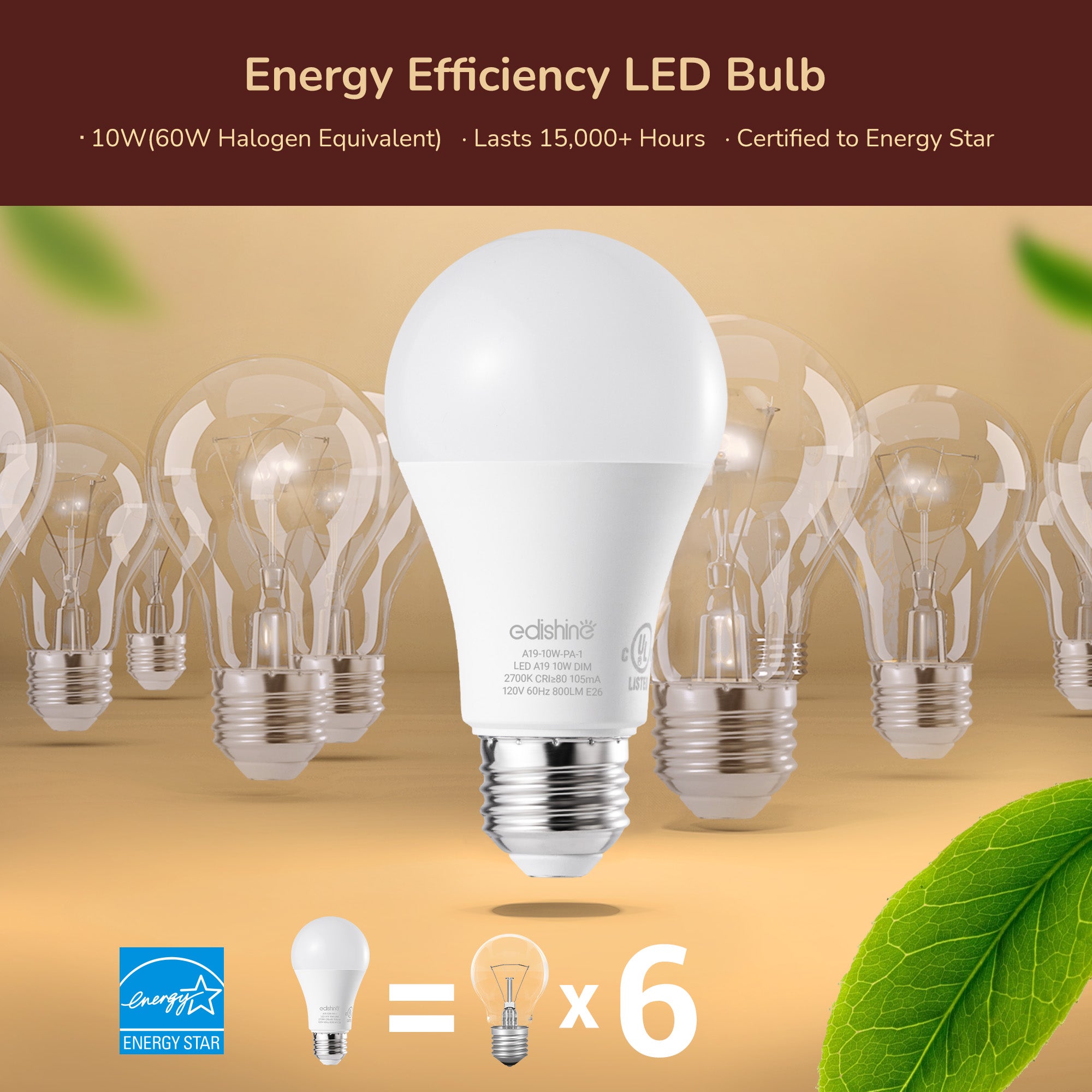 EDISHINE 6-Pack Dimmable LED Light Bulbs 60 Watt Equivalent 2700K Warm White 800 Lumen A19 LED Bulbs E26 Base - HDLA19M