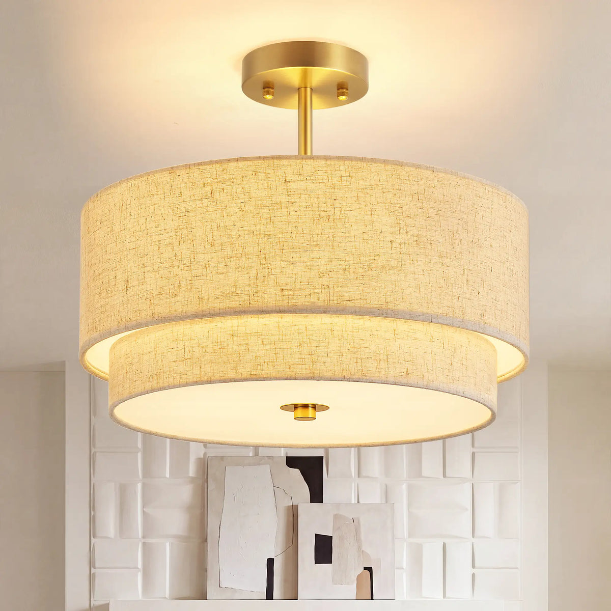Semi Flush Mount Ceiling Light, 3-Light Close to Ceiling Light Fixtures with Double Drum Linen Fabric Shade