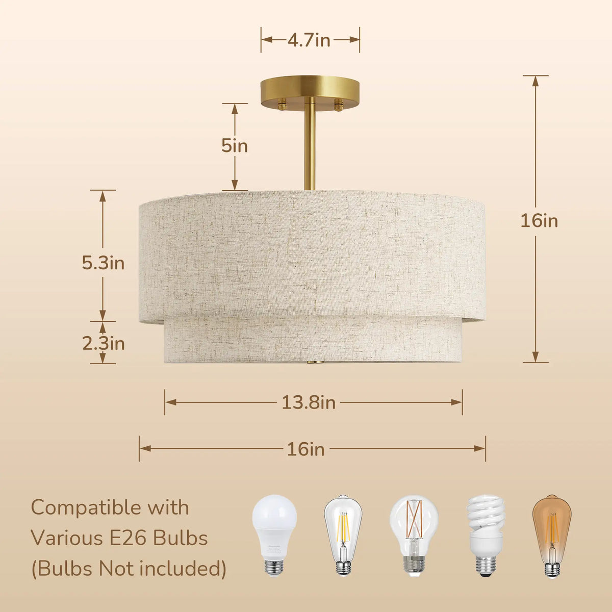 Semi Flush Mount Ceiling Light, 3-Light Close to Ceiling Light Fixtures with Double Drum Linen Fabric Shade