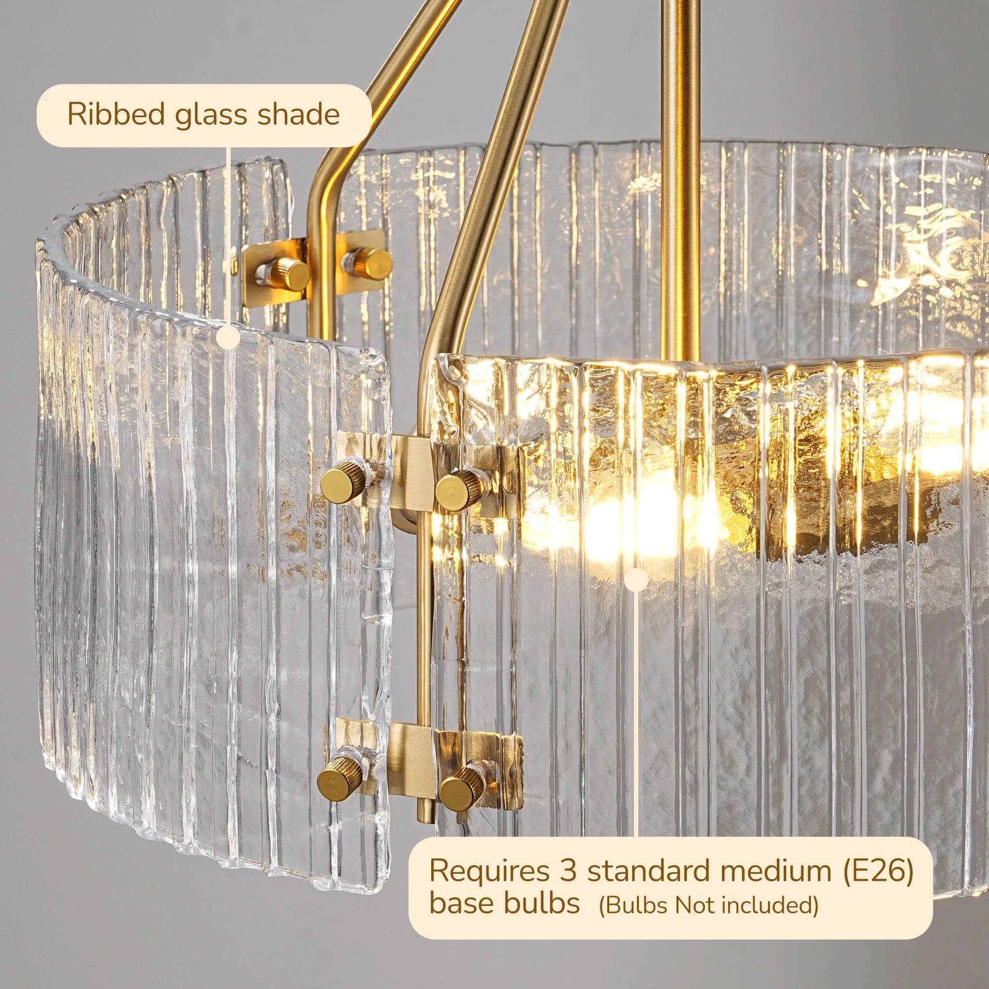 3-Light Ribbed Clear Glass Flush Mount Ceiling Light