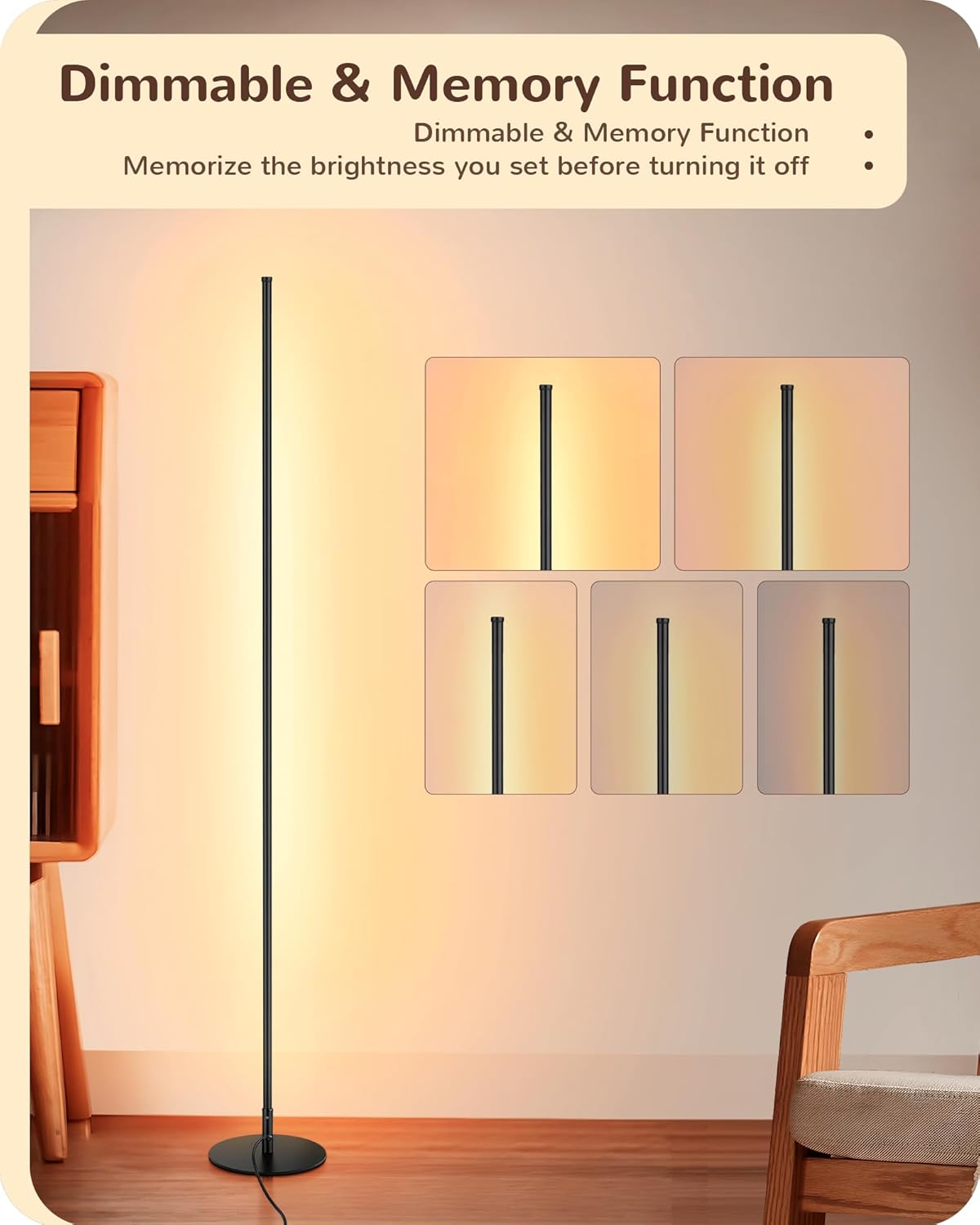 Modern Minimalist Dimmable LED Corner Floor Lamp with Remote Control - Black