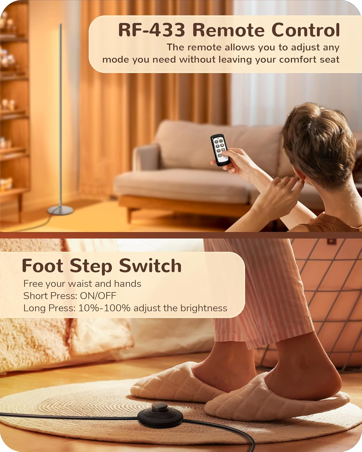 EDISHINE Modern Minimalist Dimmable LED Corner Floor Lamp with Remote Control -Silver