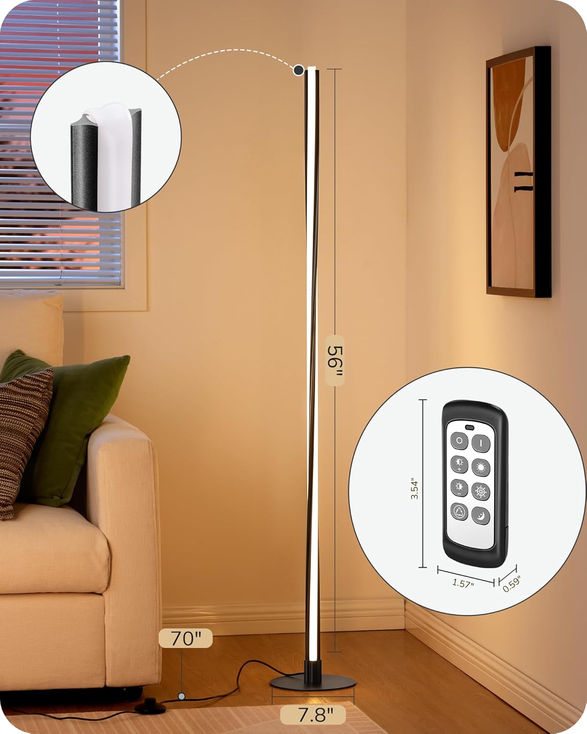 EDISHINE Helix Dimmable LED Corner Floor Lamp with Remote & Foot Switch 