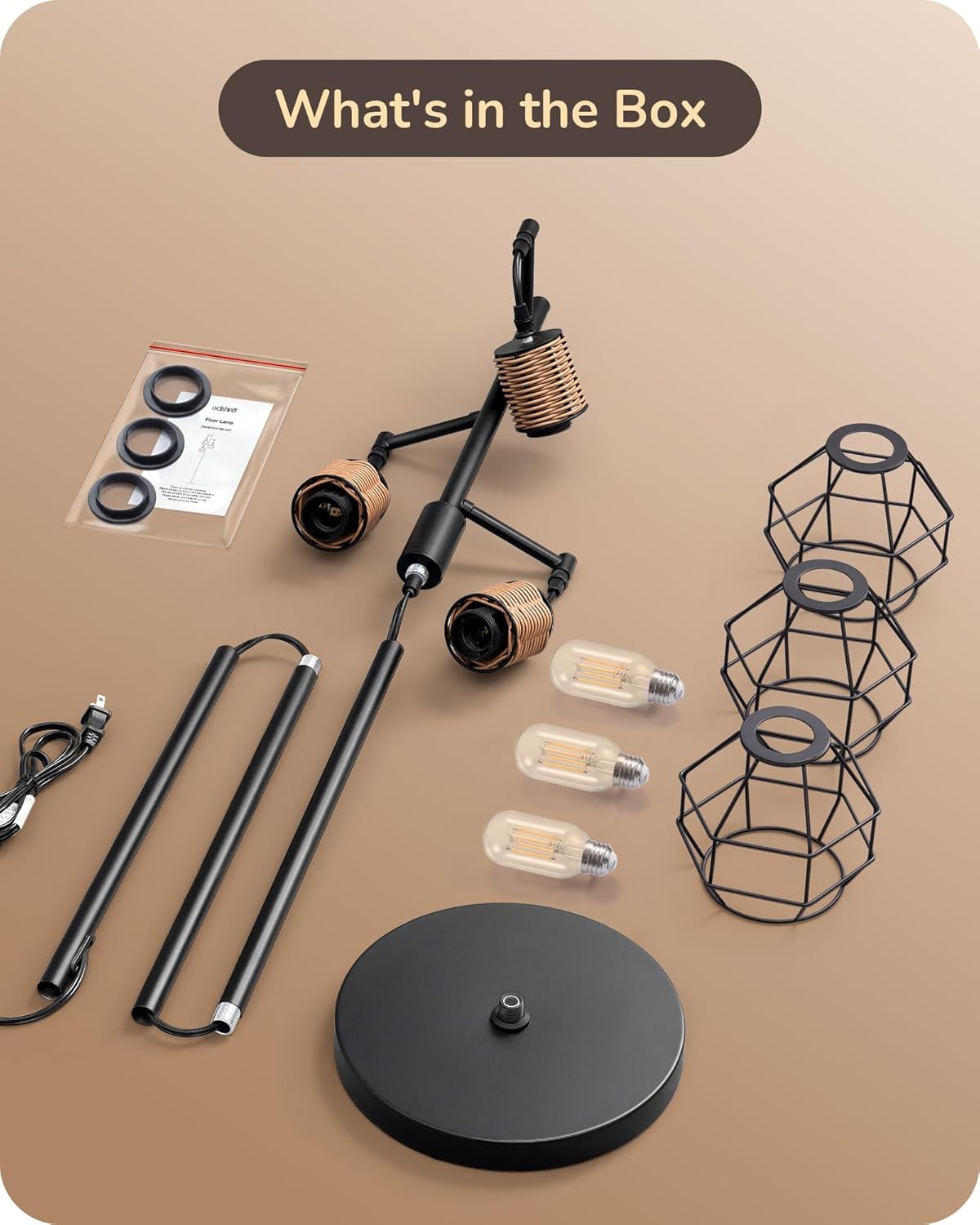 EDISHINE 65" Tall Dimmable Farmhouse Industrial Tree Floor Lamp with Faux Rattan Diamond-Shaped Cages