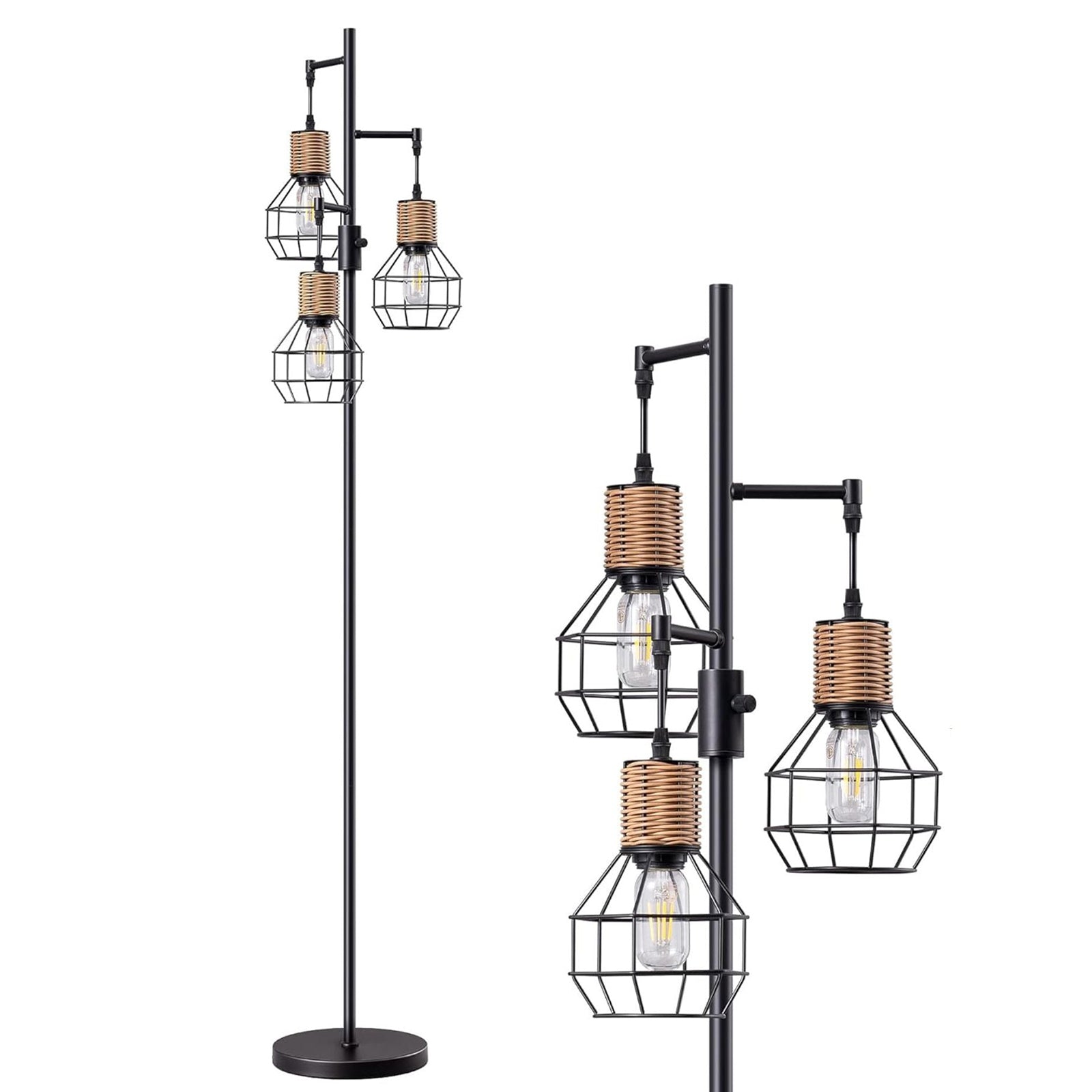 65" Tall Dimmable Farmhouse Industrial Tree Floor Lamp with Rattan Diamond-Shaped Cages (Black)
