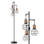 65" Tall Dimmable Farmhouse Industrial Tree Floor Lamp with Rattan Diamond-Shaped Cages (Black)