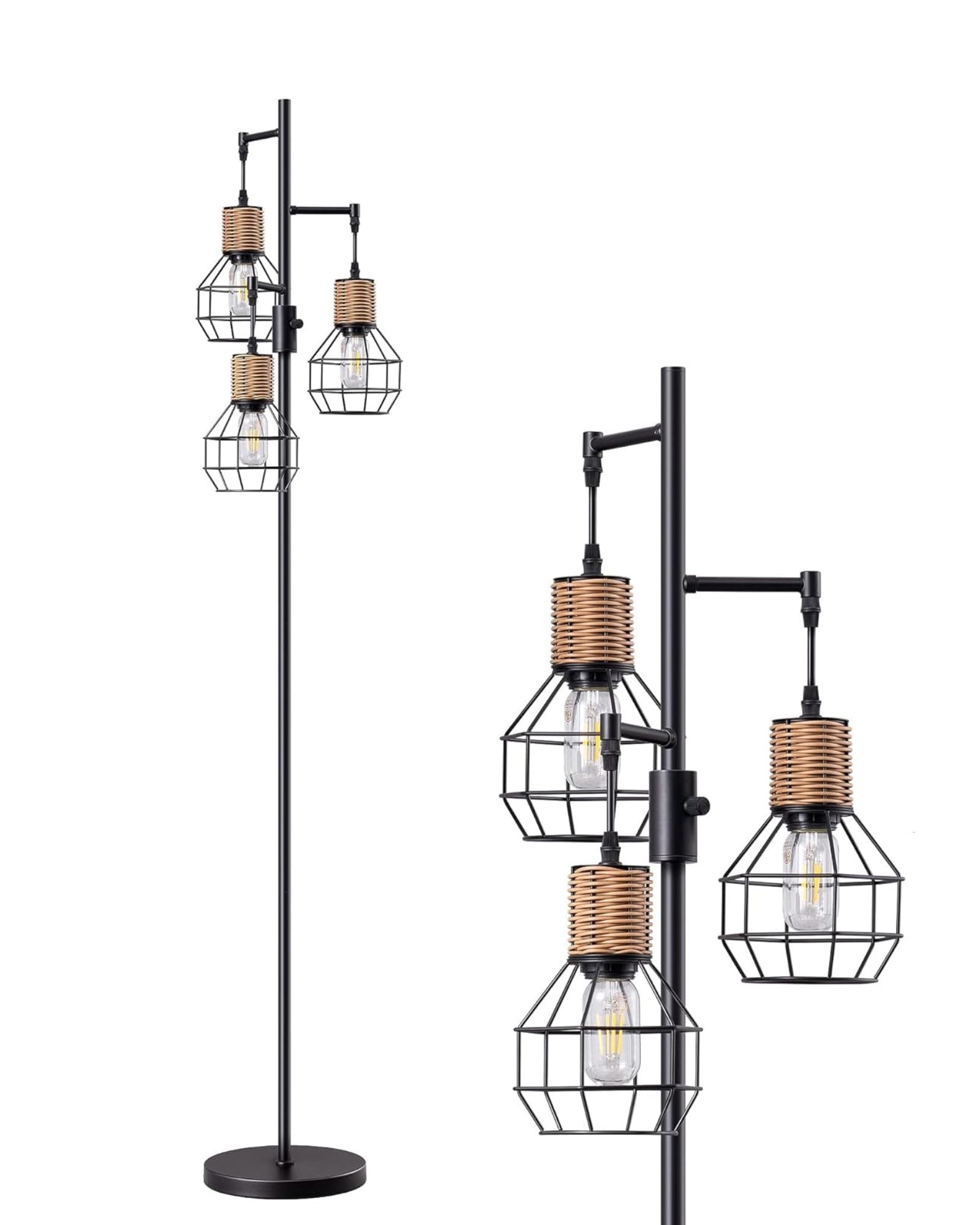 65" Tall Dimmable Farmhouse Industrial Tree Floor Lamp with Faux Rattan Diamond-Shaped Cages