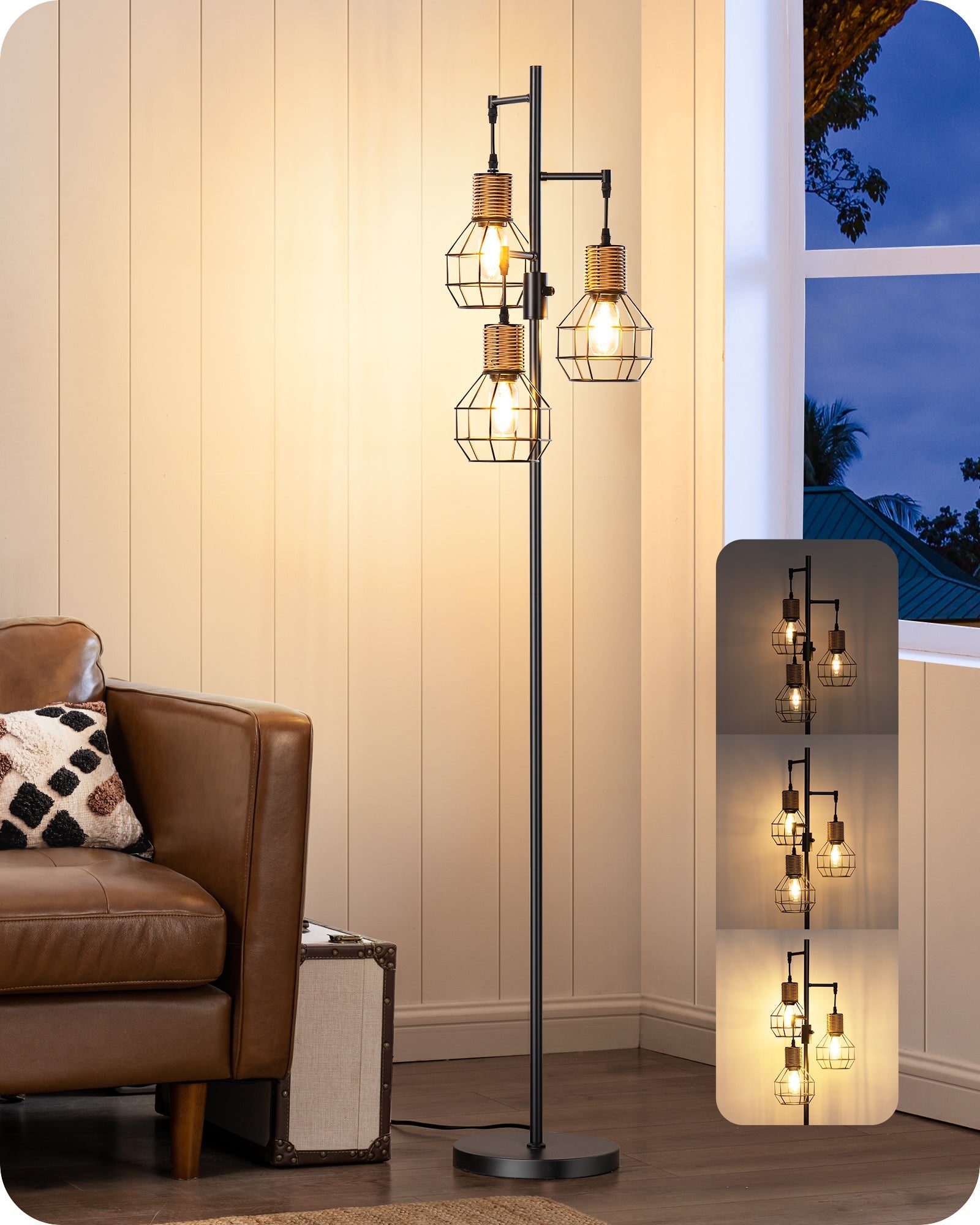 EDISHINE Dimmable Farmhouse Floor Lamp with 3 LED Edison Bulbs, Black-HFLDC1B