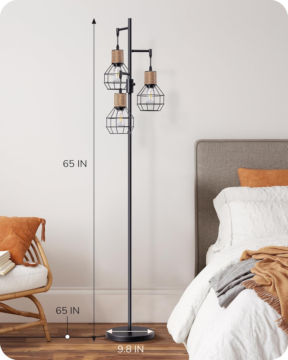 EDISHINE 65" Tall Dimmable Farmhouse Industrial Tree Floor Lamp with Faux Rattan Diamond-Shaped Cages