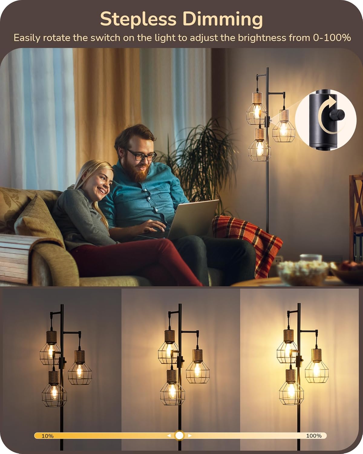 EDISHINE 65" Tall Dimmable Farmhouse Industrial Tree Floor Lamp with Faux Rattan Diamond-Shaped Cages