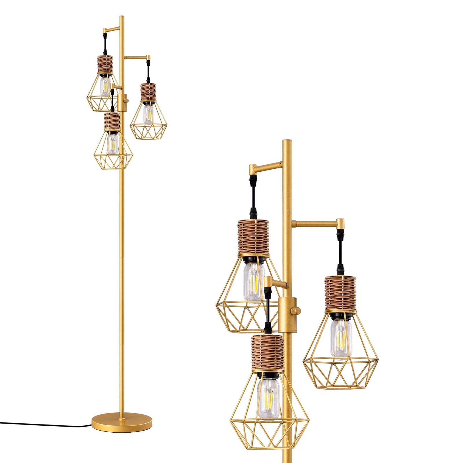 65" Tall Dimmable Farmhouse Industrial Tree Floor Lamp with Rattan Diamond-Shaped Cages - LED Bulbs Included (Matte Gold)
