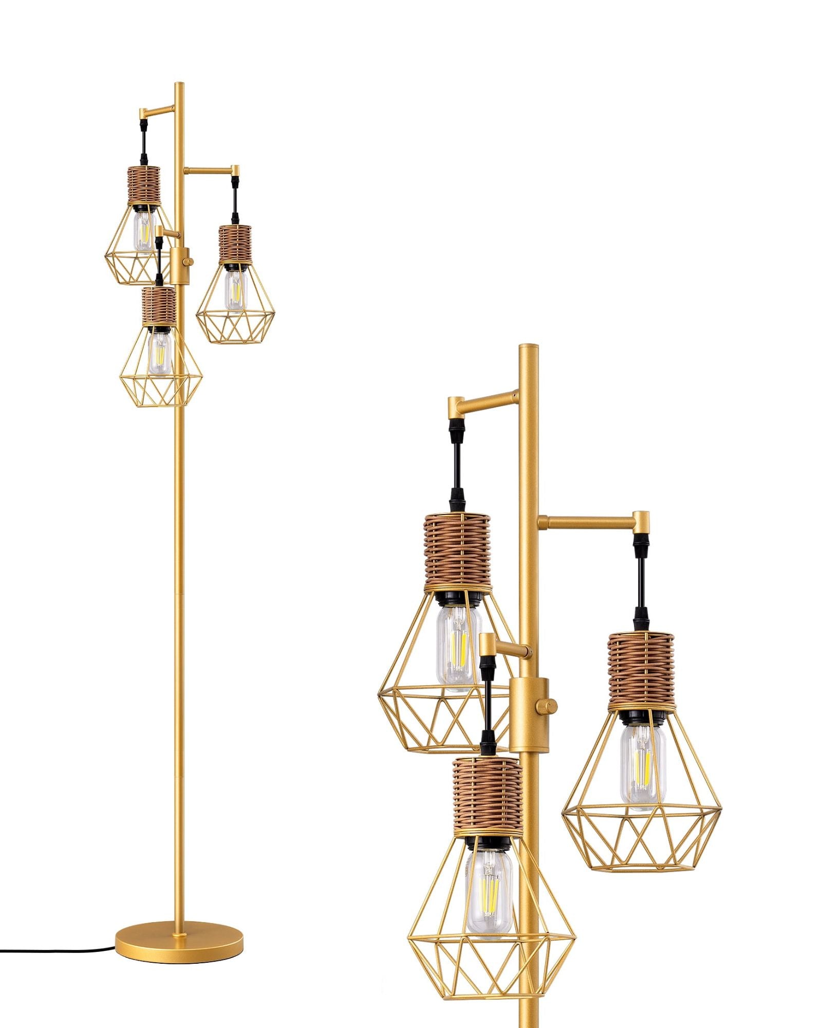 Dimmable Farmhouse Industrial Tree Floor Lamp with Rattan Diamond-Shaped Cages