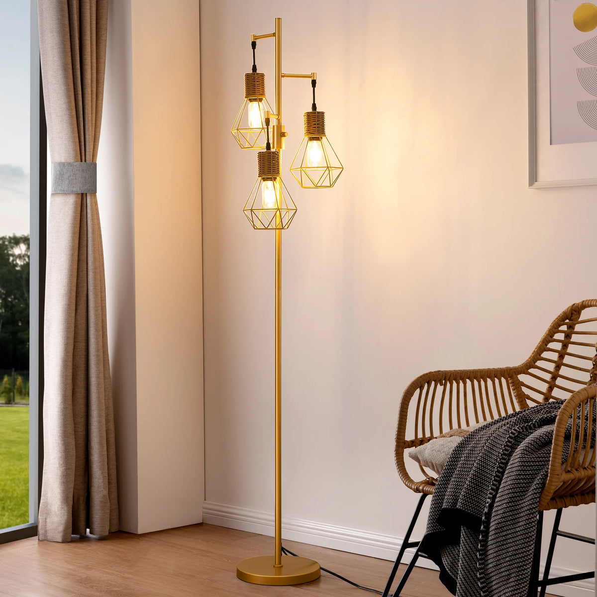 65“ Tall Dimmable Farmhouse Rattan Tree Floor Lamp with Diamond-Shaped Cages (Antique Red Copper)