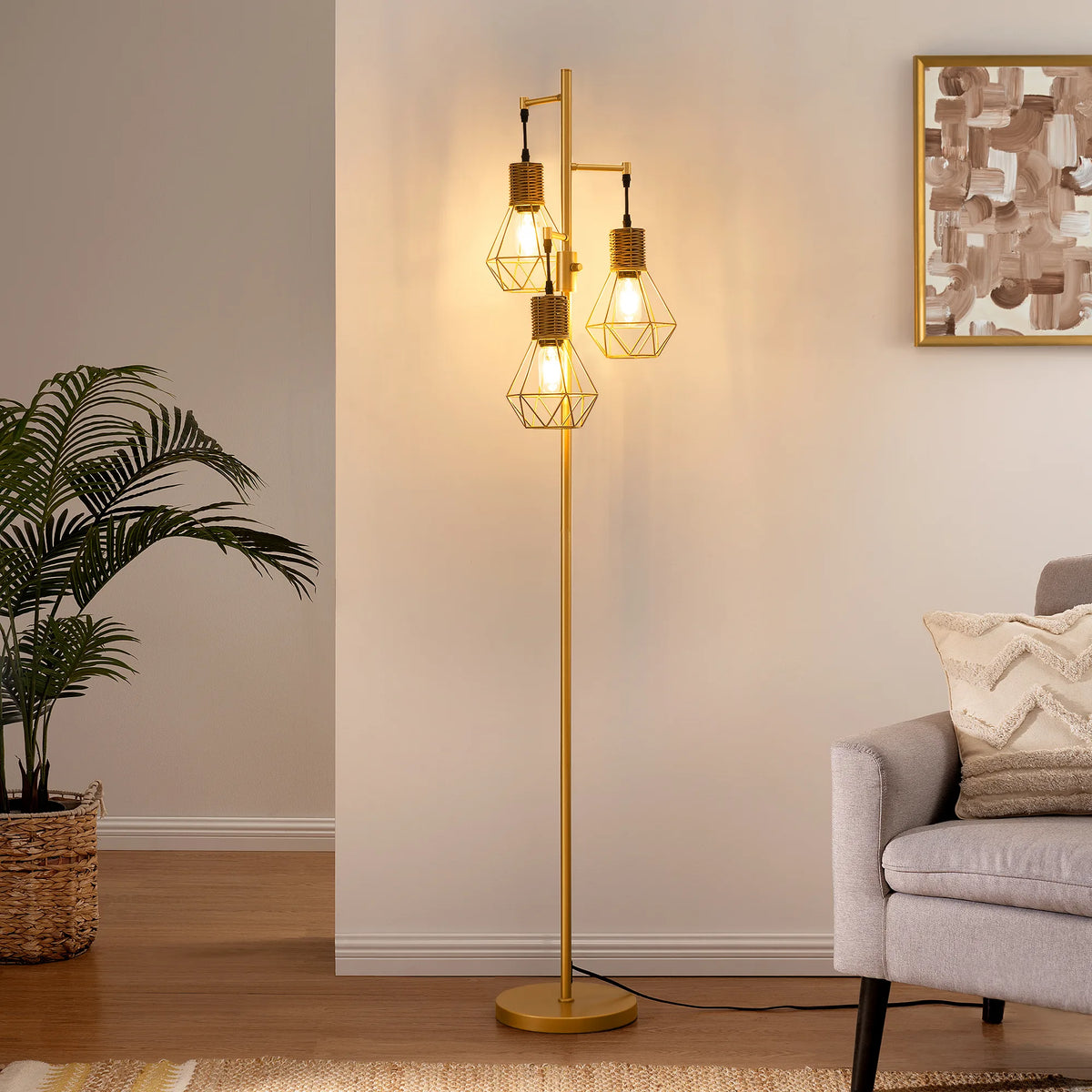65“ Tall Dimmable Farmhouse Rattan Tree Floor Lamp with Diamond-Shaped Cages (Antique Red Copper)