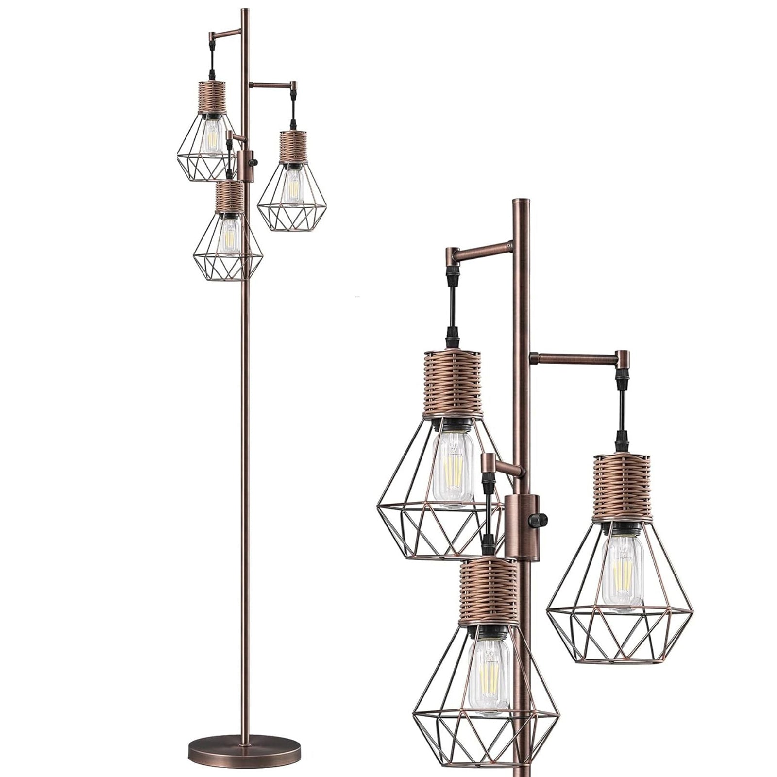 65“ Tall Dimmable Farmhouse Rattan Tree Floor Lamp with Diamond-Shaped Cages (Antique Red Copper)