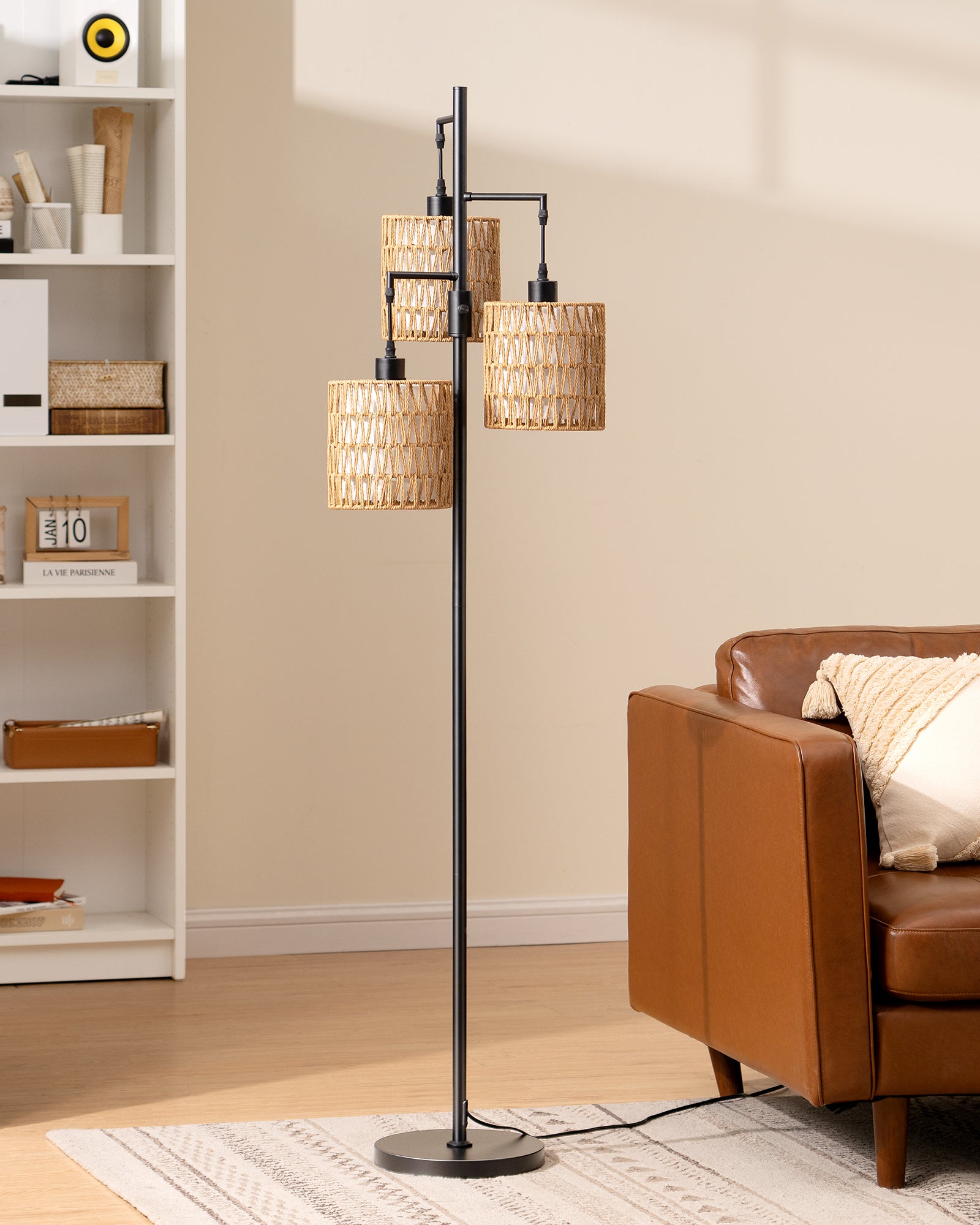 EDISHINE Rattan Tree Floor Lamp with Dimmer Switch,Bulbs Included,Black-HFLDD1B