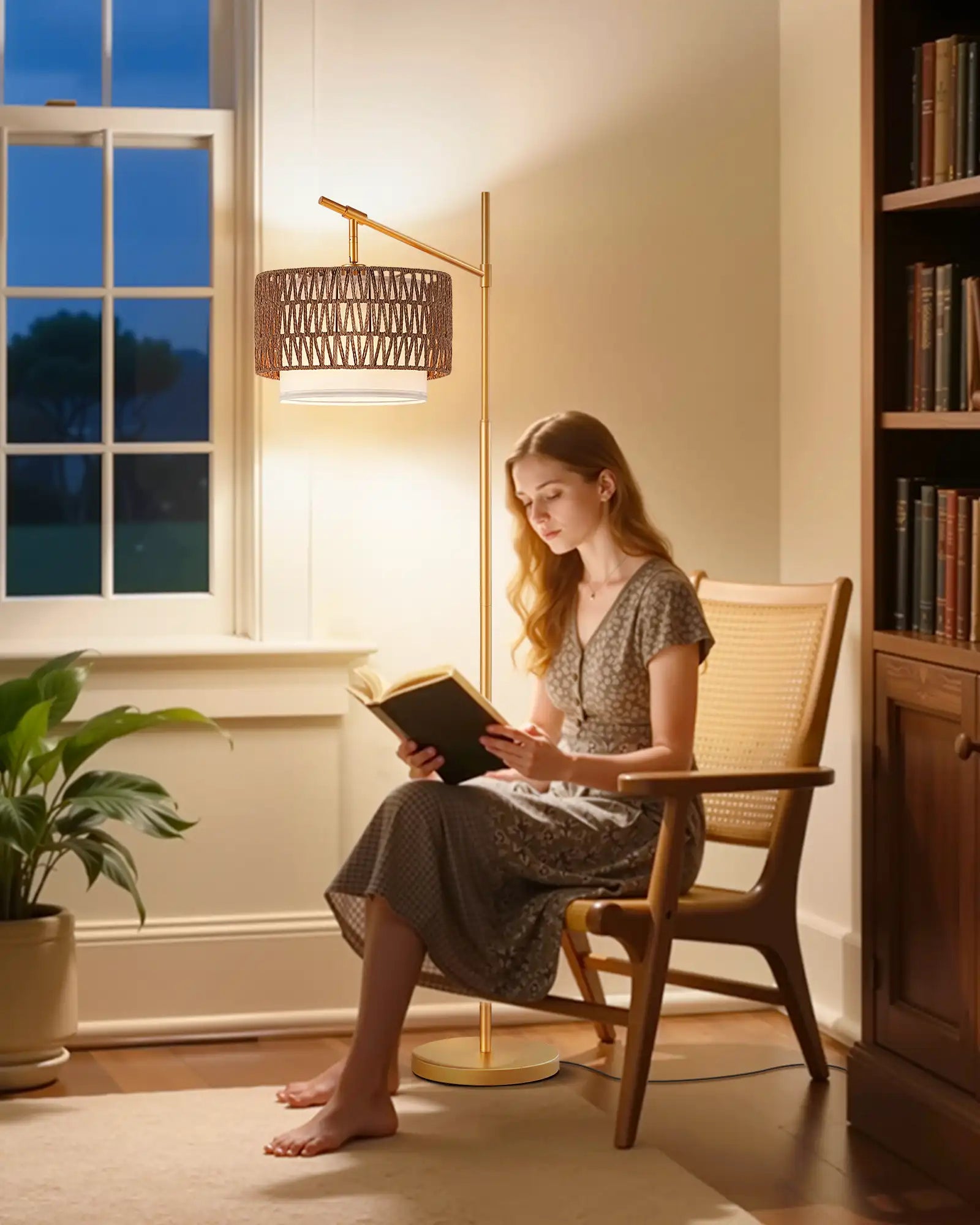 Farmhouse Rattan Arc Floor Lamp with Dual Shades & Remote