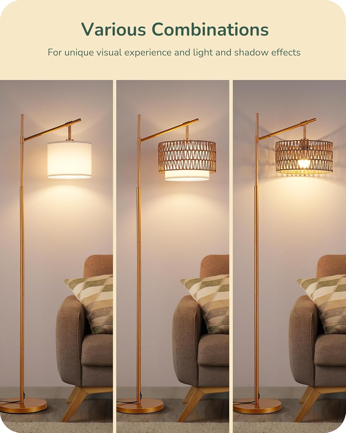 Farmhouse Rattan Arc Floor Lamp with Dual Shades & Remote